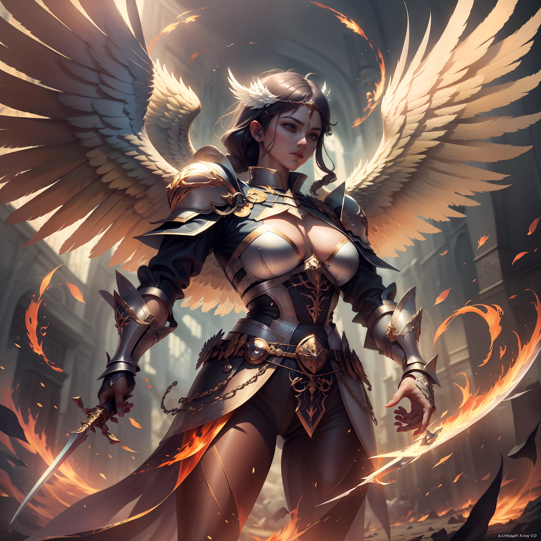 Create an image of an archangel with four large wings who is leading an army of angels to fight the forces of evil in an epic battle. He has a flaming sword in one hand and a shield in the other, and his face is determined and courageous. UHD, high details, super detail, best quality, 8k
