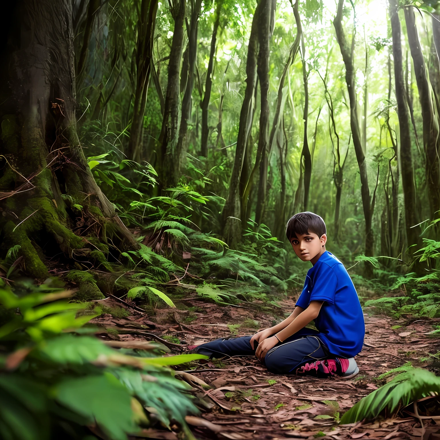 menino de 13 anos, com poderes azul olhos de trovao, e rodeado com uma energia azul, na floresta(encantadora floresta escura elfos noturnos) floresta mal iluminada, prado, bathed in dark and ethereal light --auto