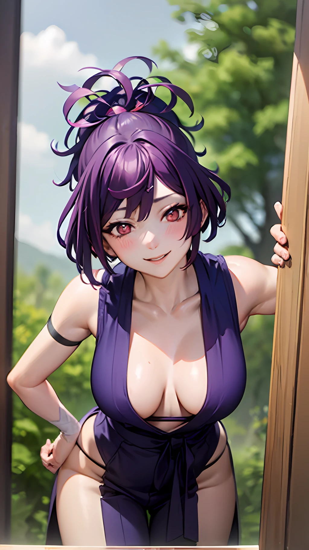 best quality, masterpiece, (leaning over:1.4), 
1girl, yuzuriha_(jigokuraku), purple hair, brown eyes, ninja, open clothes, cleavage, small breasts, topknot, medium hair, breasts apart, seductive smile, pants, undressing,  (blush:1.1),  japanese exterior, temple,