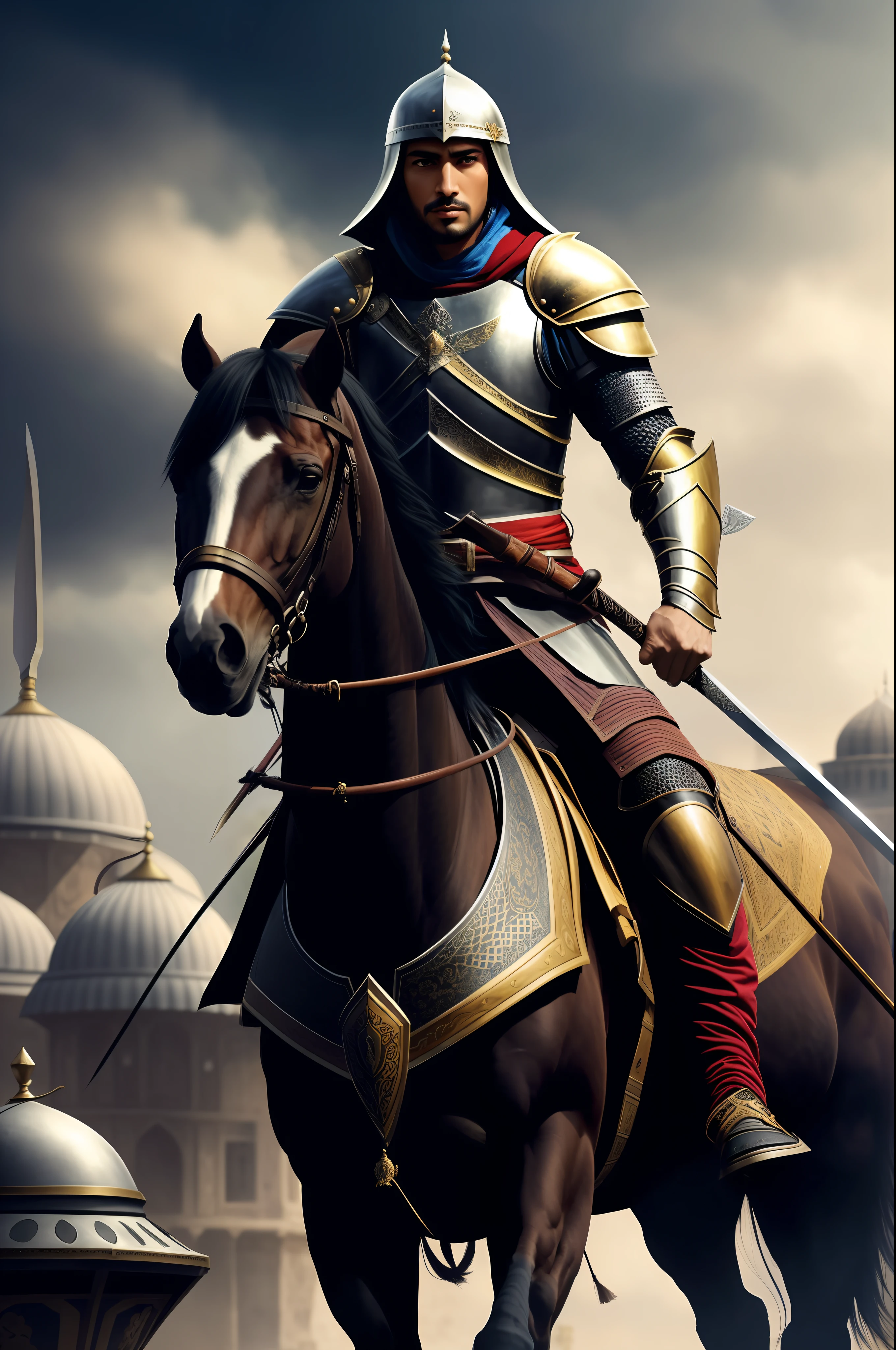 a close up of a man riding a horse with a sword, horse warrior, ottoman warrior, 8k, ultra realistic, sultan, handsome handosome sultan, amazing wallpaper, templar, wallpaper mobile, ottoman sultan, by Kerembeyit, (((knight))), assasin, knight, picture of an adult male warrior, kerem beyit, indian warrior