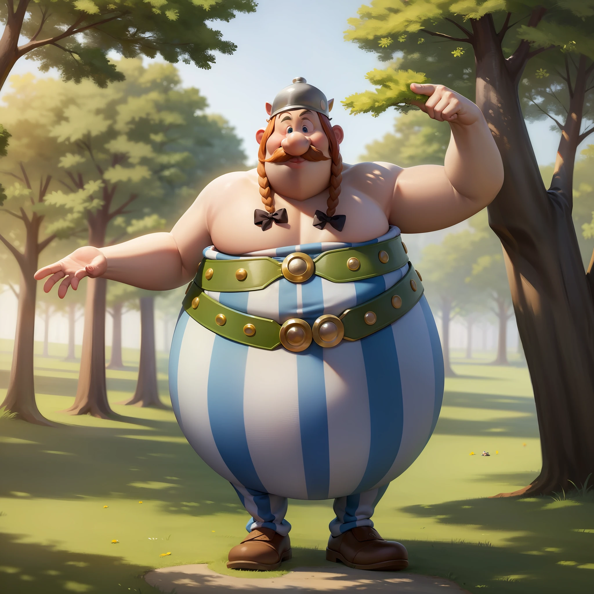 ((Masterpiece, Best Quality)),(complex light), 1boy, 独奏, full - body,obelix,fat, mustache, woods,