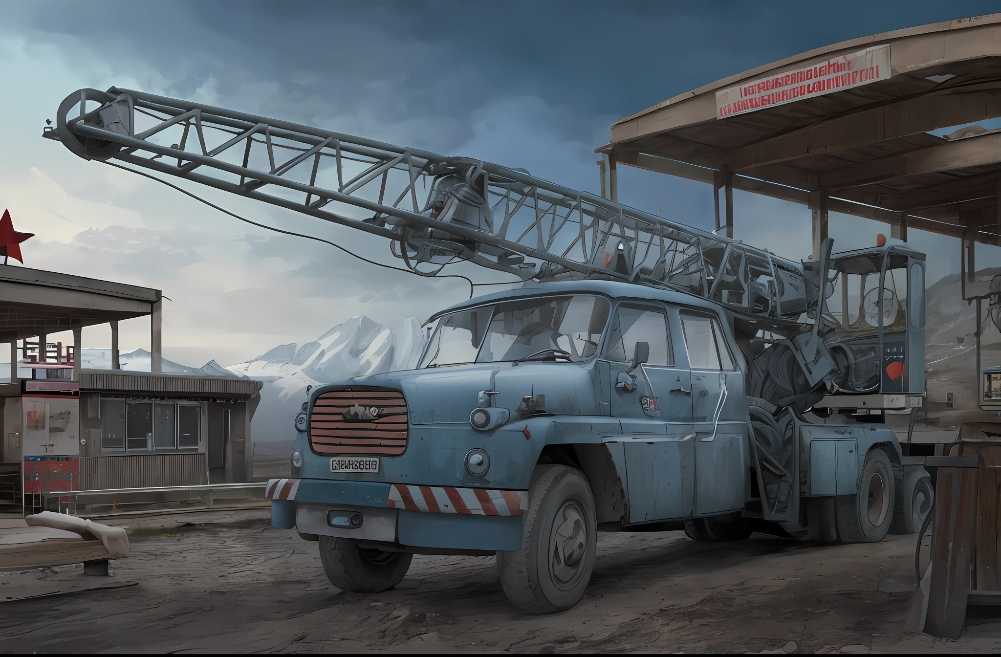 there is a blue truck TATRA 148, parked in front of a gas station Benzina in Czechoslovakia, special, prototype, dumper, 8x8, hover car, Storm, lighting, haze, rain, sunset, moutain background, dramatic scene, realistic, in the art style of filip hodas, alexey egorov, inspired by Filip Hodas, magical soviet town, sergey zabelin, truck, sergey krasovskiy, by Filip Hodas, by Petr Brandl, victor antonov, by Artur Tarnowski, Petr Zeleny,