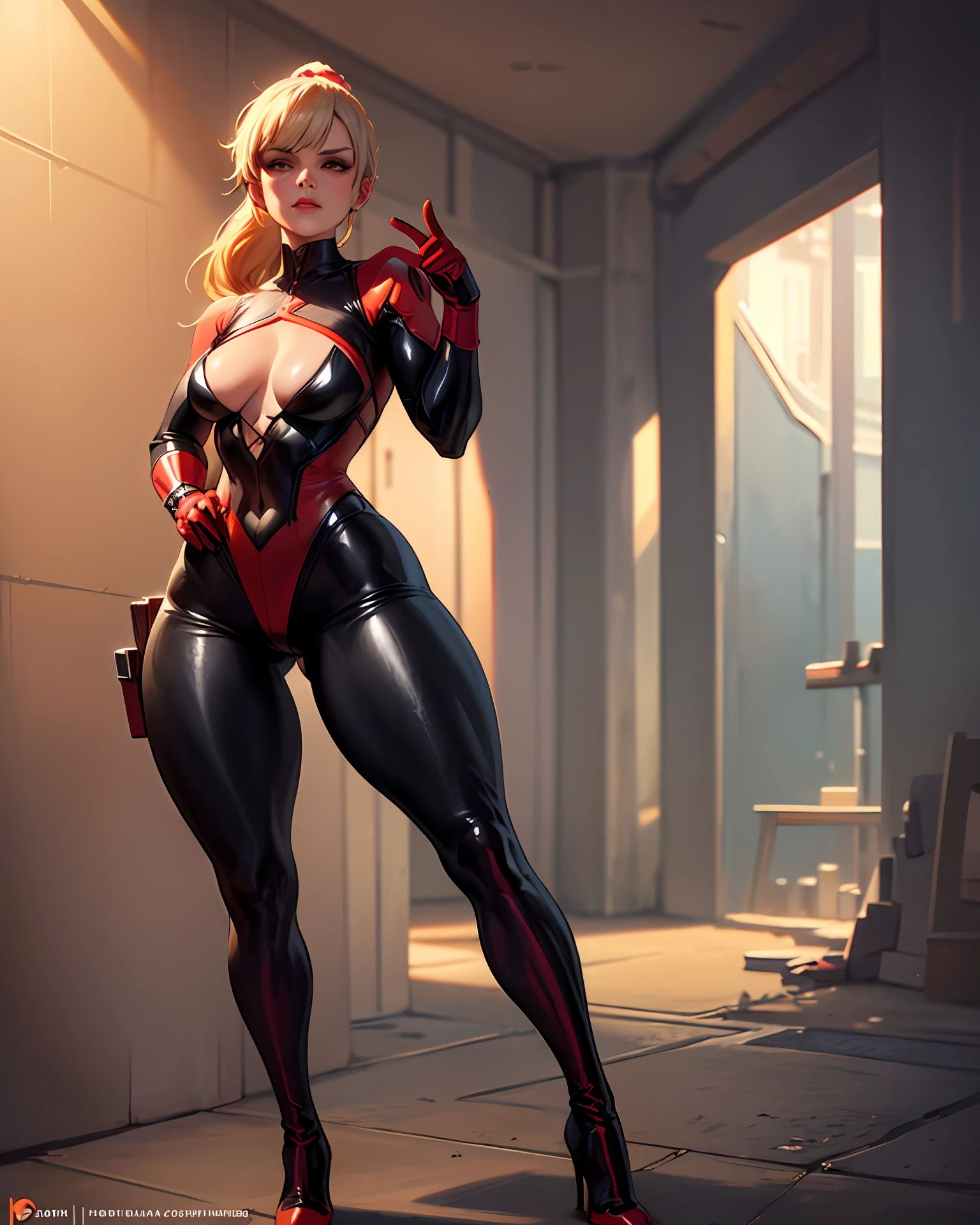 super hero, muscular legs, black and red suit, long blond hair, ponytail, not safe for work, see-through pants, small waist, Lady Deadpool, stiletto heels, pumps, character design, artgerm, kuvshinov, trending on artstation, golden hour, hyperrealism, massive tiddies, Huge thighs, massive hips, big calves, seductive, no panties, thigh high boots, hourglass figure, shiny clothing, spandex, digital painting,  digital illustration,  extreme detail,  digital art,  4k,  ultra hd, detailed,  vibrant,  sharp focus,  wlop,  unreal engine, radiant,  lewd, nylons, lace-up boots