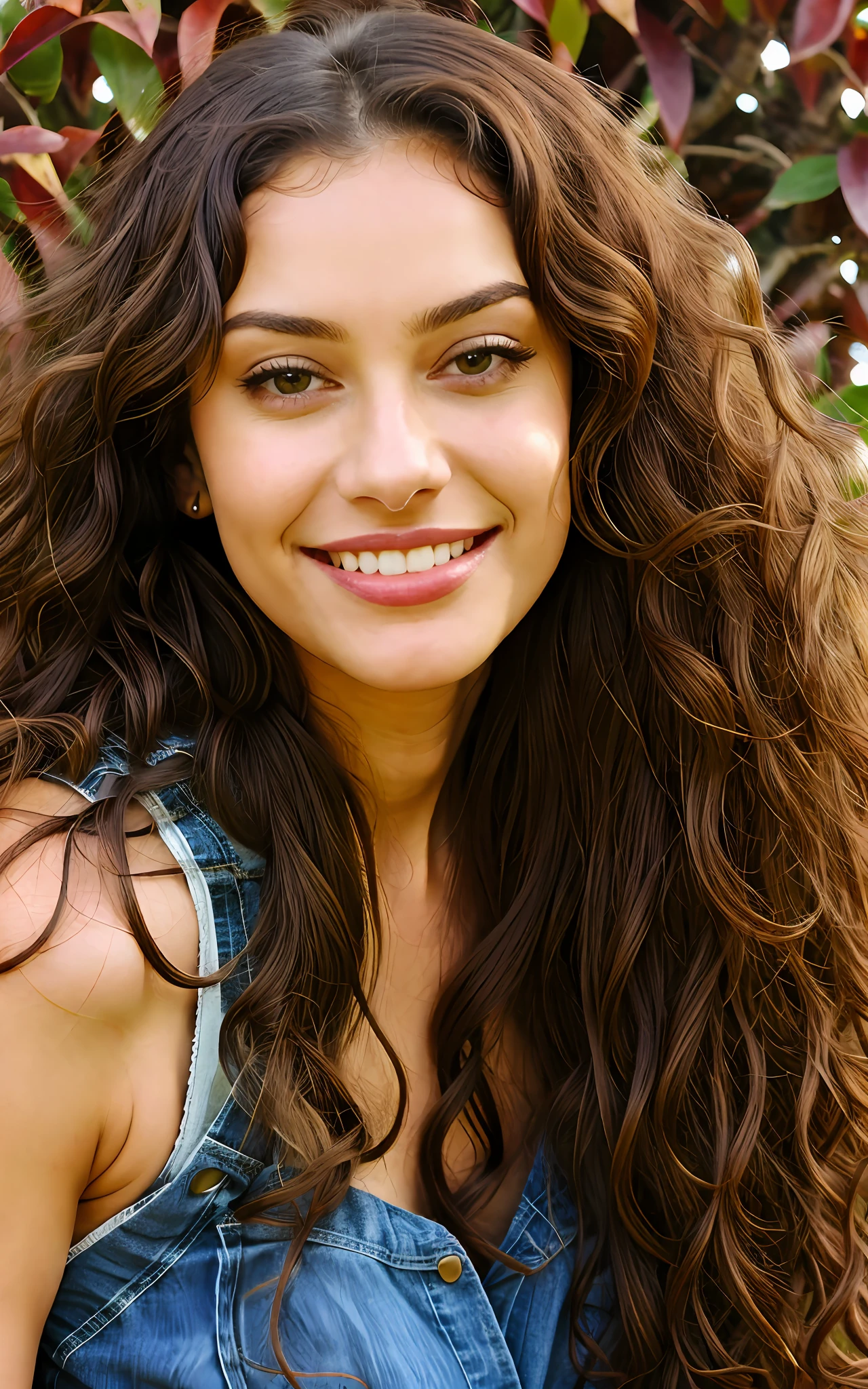 1 woman, plants and background sky, long curly hair, curly hair, smile, nature, brown skin, brown eyes