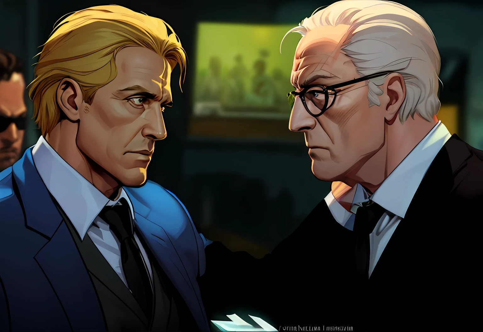 Two men in suits are talking to each other in a dark place, Silvestre Stallone, Michael Caine, cena intensa, filme de alta qualidade ainda, ao ar livre a noite em uma fazenda, fazenda Noturna, particles, Chuva leve, Foco masculino, (cabo de fluxo longo), noite, Chuva, fundo detalhado, (arte de Frank Miller), obra-prima, (realista:1.3), perfect illumination, sombreamento perfeito, (textura realista do tecido), hiper-realista, (fotorrealista:1.5), (comic styled)