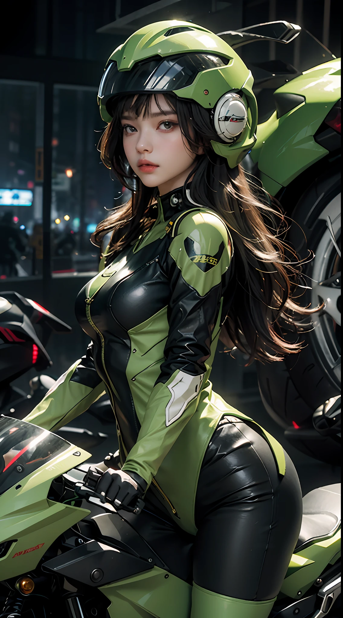 Highest image quality, outstanding details, ultra-high resolution, (realism: 1.4), the best illustration, favor details, highly condensed 1girl, with a delicate and beautiful face, dressed in a black and green mecha, wearing a mecha helmet, holding a directional controller, riding on a motorcycle, the background is a high-tech lighting scene of the future city.