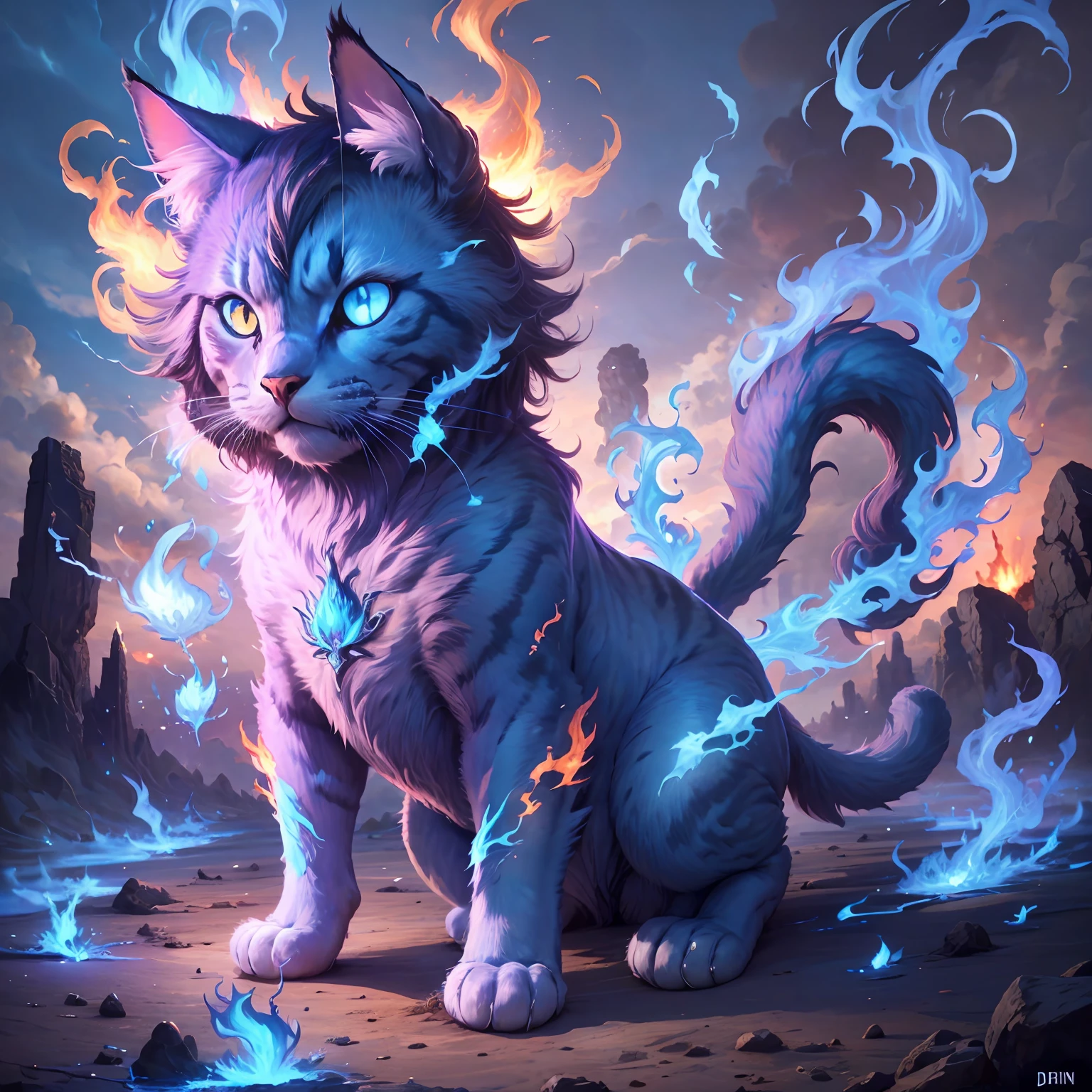 blue gigantic cat, blue fire powers, blue fire everywhere, two tails, blue fire, blue djinn, blue flame elemental