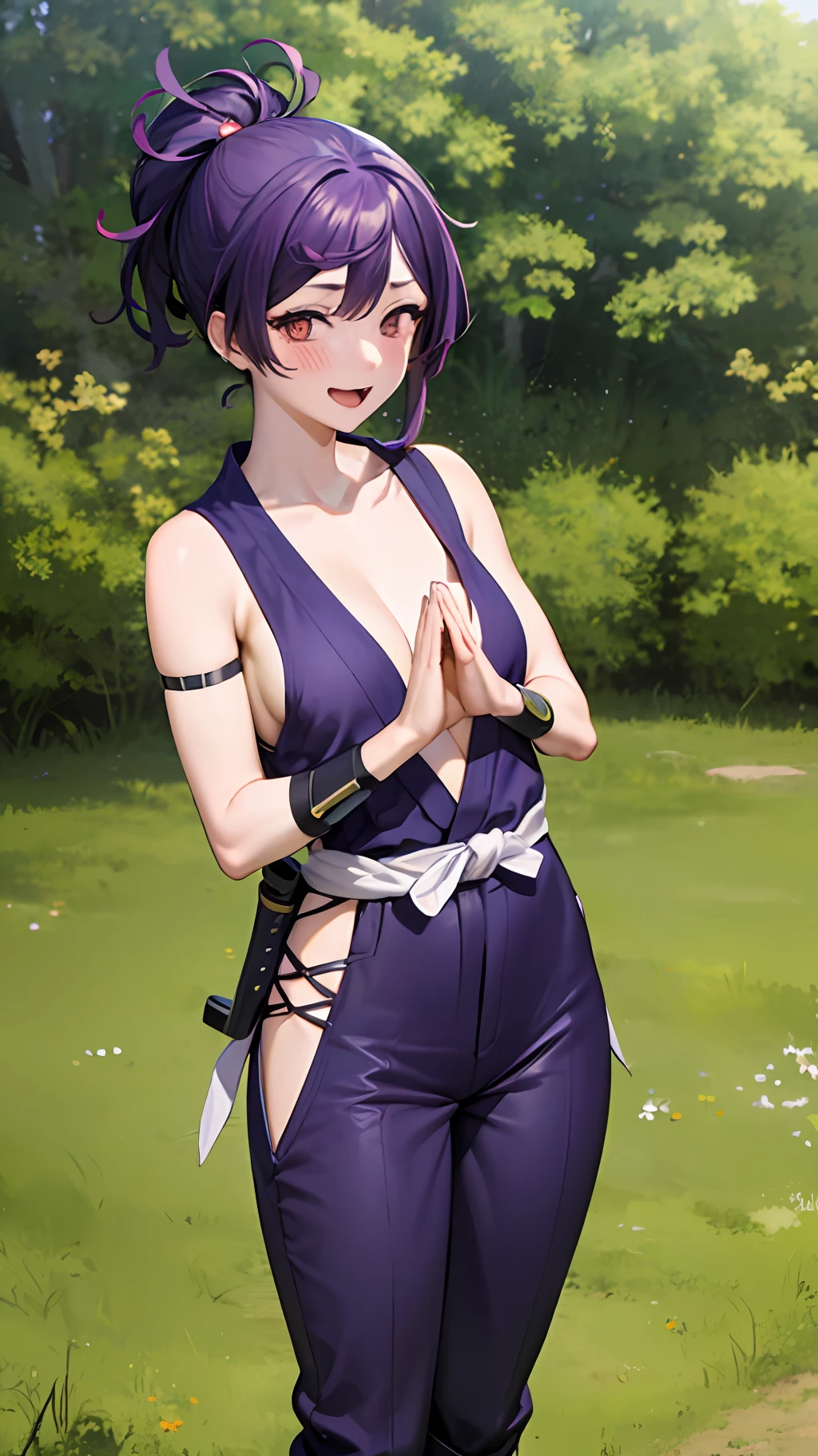 best quality, masterpiece,  (praying:1.4), standing, pov,
1girl, yuzuriha_(jigokuraku), purple hair, brown eyes, ninja, open clothes, cleavage, small breasts, topknot, medium hair, looking at viewer, outdoors, forest, open mouth, purple boots, bush, seductive smile, pants, (blush:1.2),