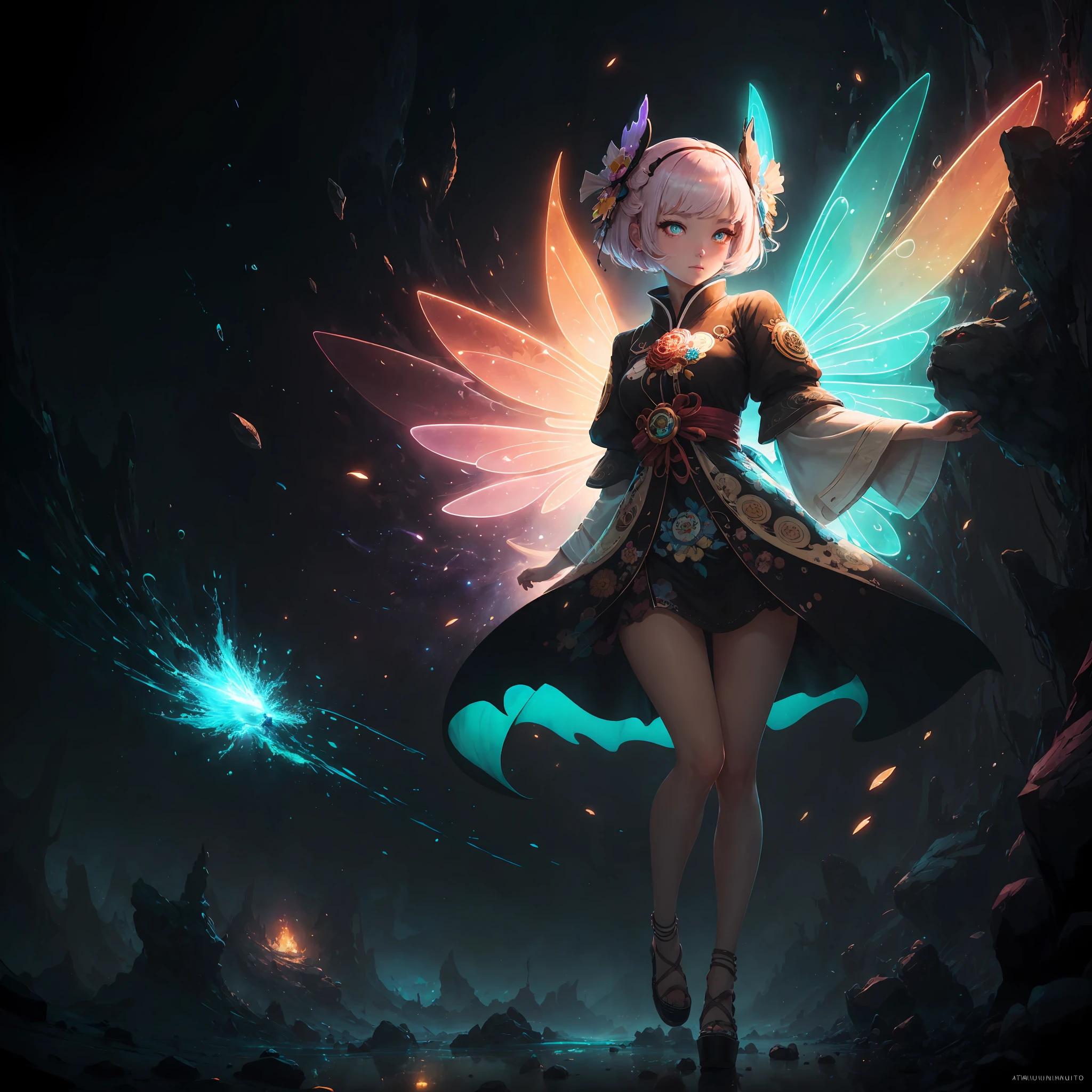 sparks way above head, a full length distant shot, (hyper ultra mega short chibi height adult person), a joyful pale Spunky Zesty Sprightly Caucasian women, fractal illustrated details, luminism, global ilumination, mischievous, hyperdetailed, onmyoji, cloths massively soaked in a sparking fairy dust and diamonds, art by Ilya Kuvshinov, full length body shot, bioluminescence, ultra pale skin, warm colors, intricate details, volumetric, DOF, a glaring eyes, a very intricate pupils, octane render, a ruby glaring lips makeup, detailed face, luminism, art Agnes Cecile , art by Muxxi, art by Albert Bierstadt, art by Takashi Murakami, ultra bright lighting setting --auto