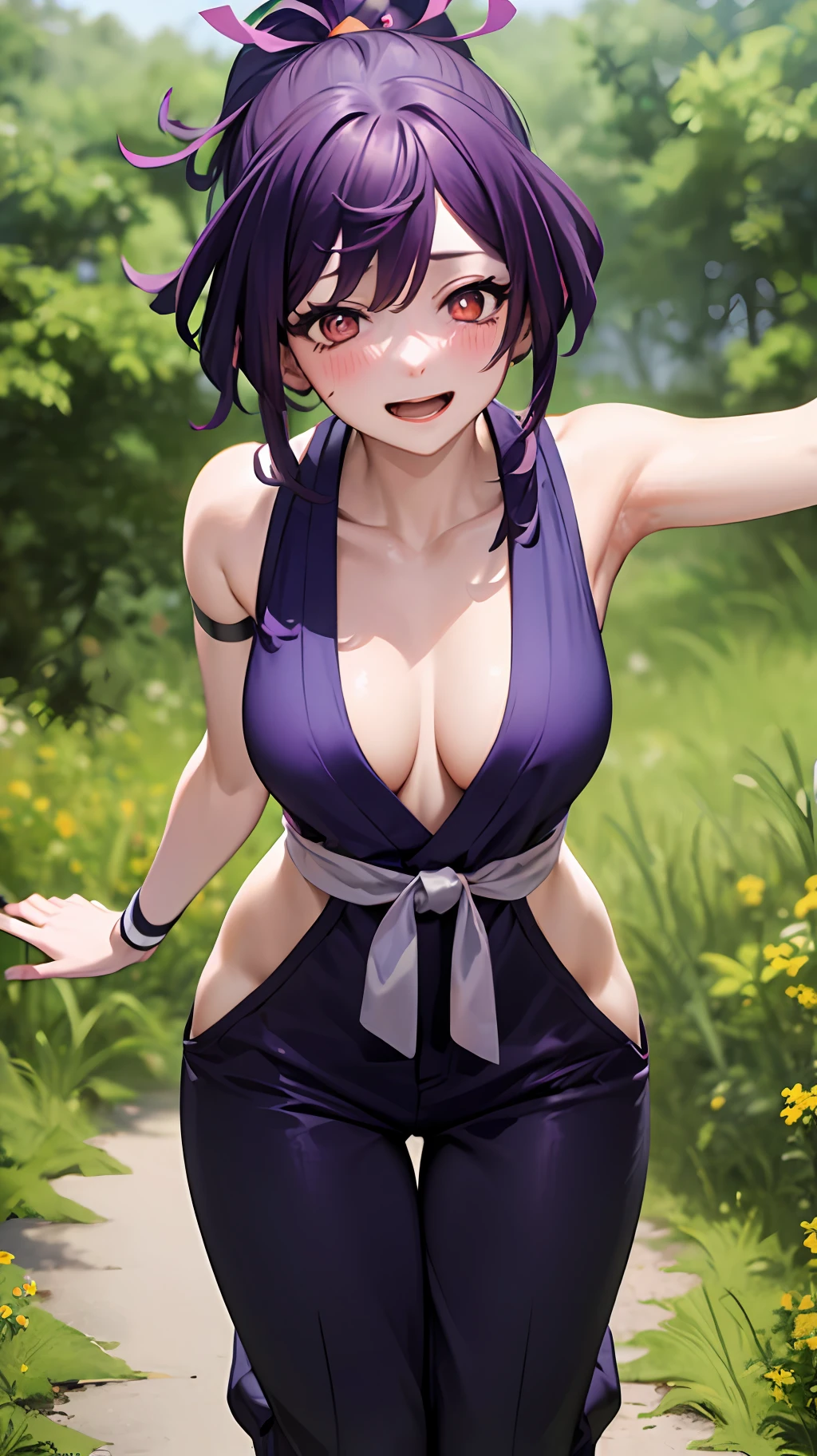 best quality, masterpiece,  (praying:1.4), standing, pov,
1girl, yuzuriha_(jigokuraku), purple hair, brown eyes, ninja, open clothes, cleavage, small breasts, topknot, medium hair, looking at viewer, outdoors, forest, open mouth, purple boots, bush, seductive smile, pants, (blush:1.2),