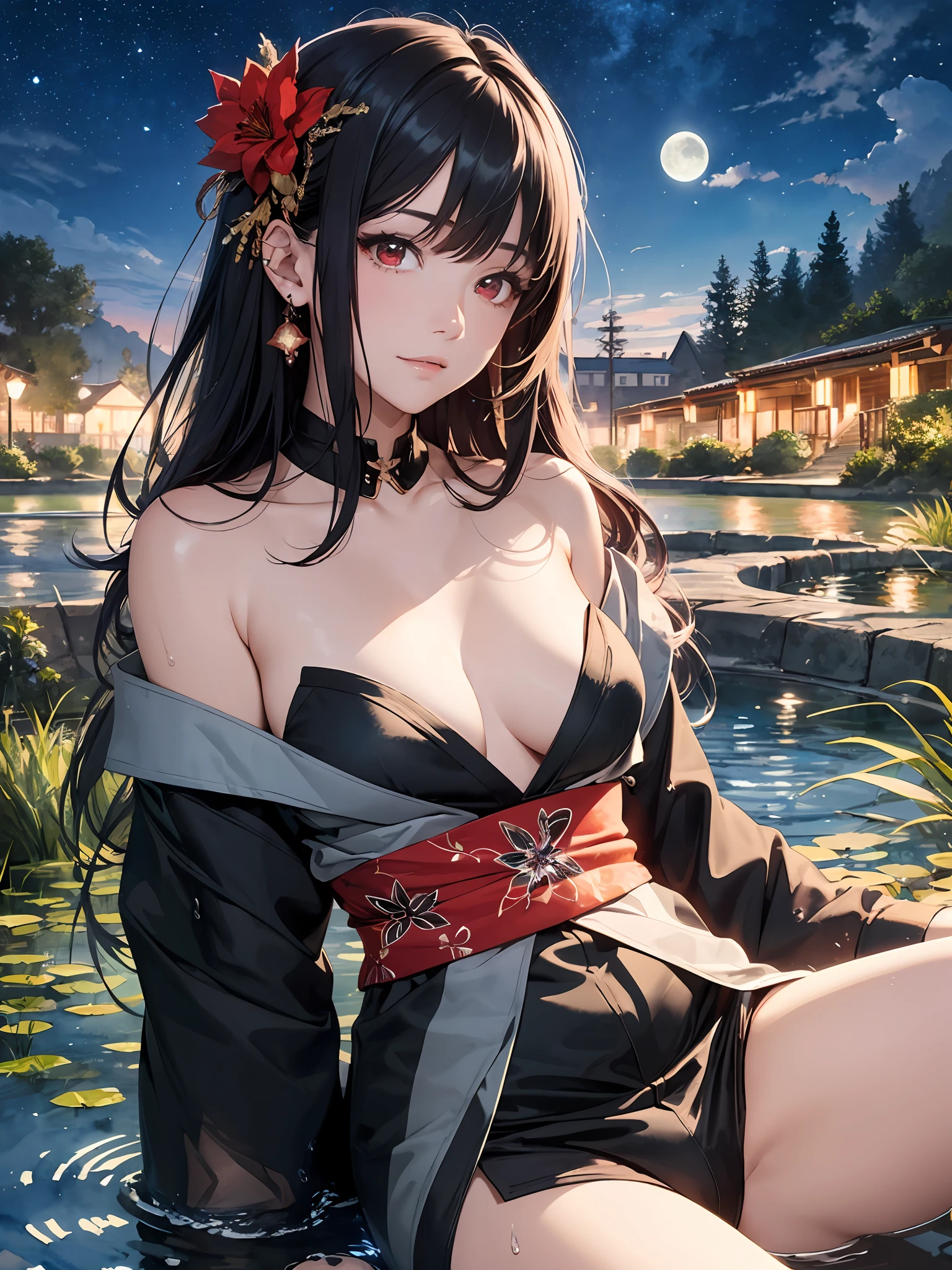 extremely detailed body,girl,woman,female,mature,30 years old,long hair,bangs,streaked hair,black hair,shiny hair,beautiful detailed cold face,cold smile,bright pupils,bare_shoulders,medium_breasts,(red eyes),hair_flower, kimono,((no underwear)),Lots of piercings,((spread legs)),night,(pond),Grass is growing in the foreground,beautiful detailed sky,moon,cold light, bokeh,(((Watercolor Techniques))),wet,Unreal Engine,digital art,extremely detailed CG unity 8k wallpaper,