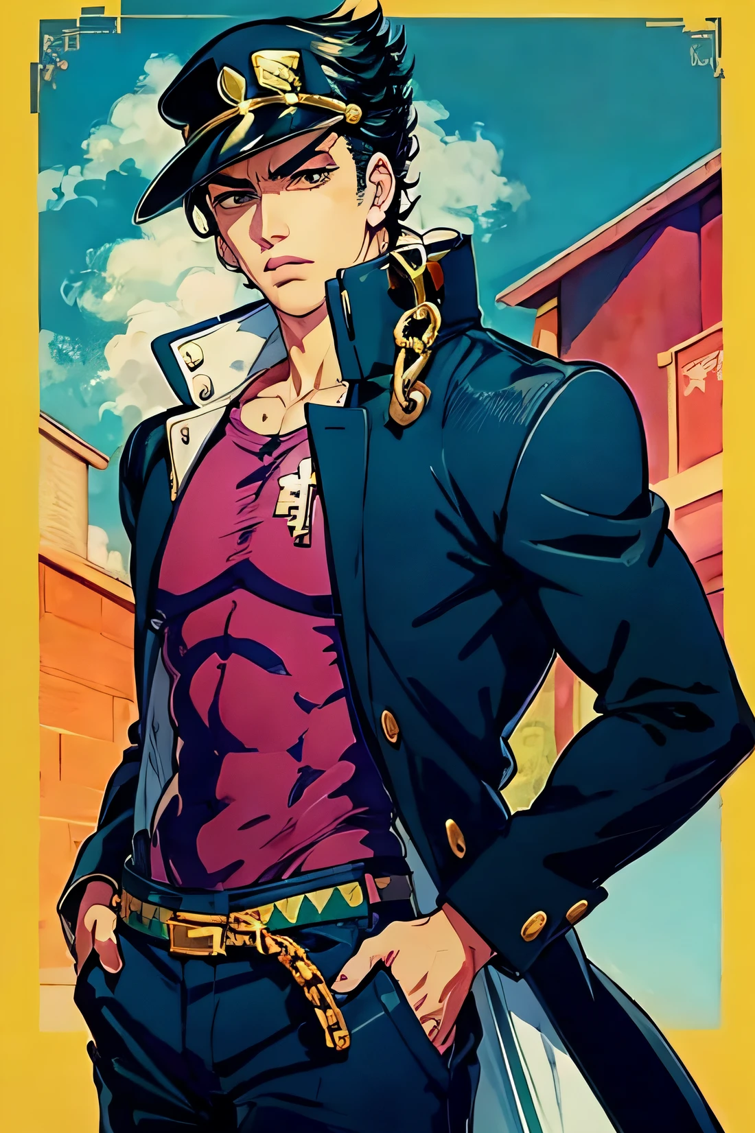 anime - style picture of a man in a uniform with a hat and a jacket, jojo anime style, jotaro kujo, jotaro, trigger anime artstyle, jojos bizarre adventure, inspired by Junpei Satoh, in jojo\'s bizarre adventure, jojo bizarre adventure, jjba, jojo's bizarre adventure, key anime art, jojo style