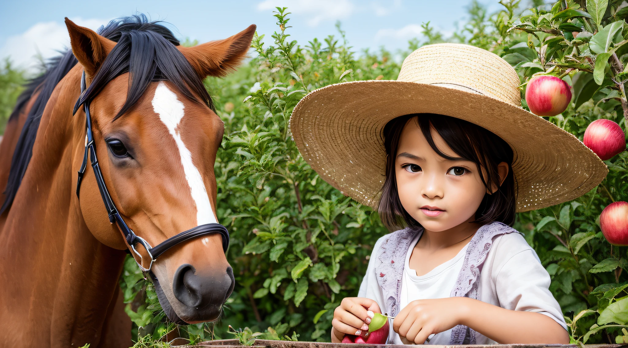 FAZENDA COM CELEIRO, cavalo, GIRLS CHILDREN , PICKING APPLES WITH A FARMER'S HAT, LOIRAS COM CABELO LISO, TRIGO, ROLOS DE FENO, SOL AO FUNDO DA FAZENDA.