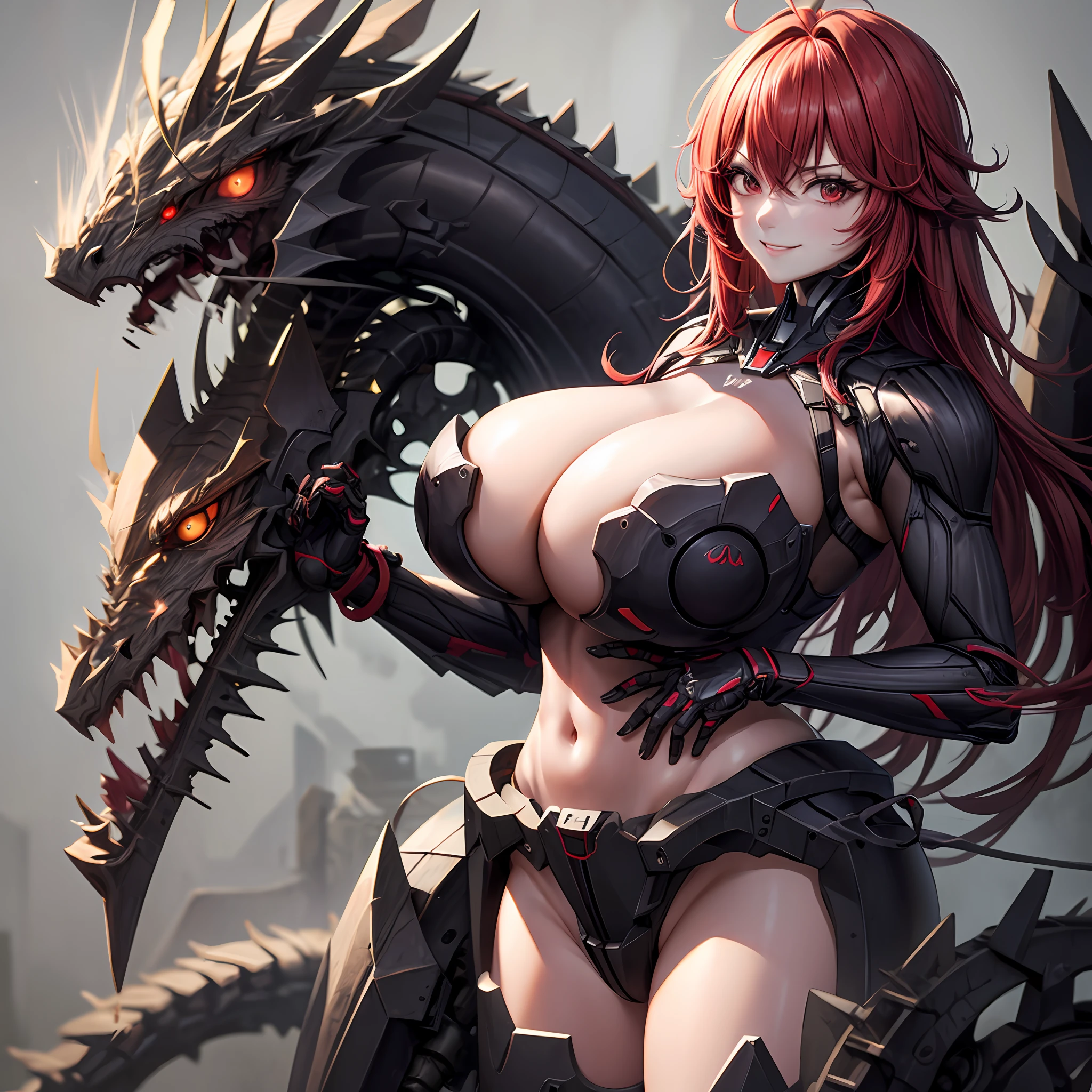 (巨作), ((Top image quality)),wicked smile、 (Super Detail), ((Very detailed)), 4K, (8K), 最好质量, (lovly),(((World-class quality))), Super Detail, Hi-Def, (Nihilister、Mechanical parts, mechanical arms, mechanical legs, machinery, dragon tail, pelvis curtain, Leotard, Red Eyes、Huge breasts) dinamic pose、,thights、Wide waist、