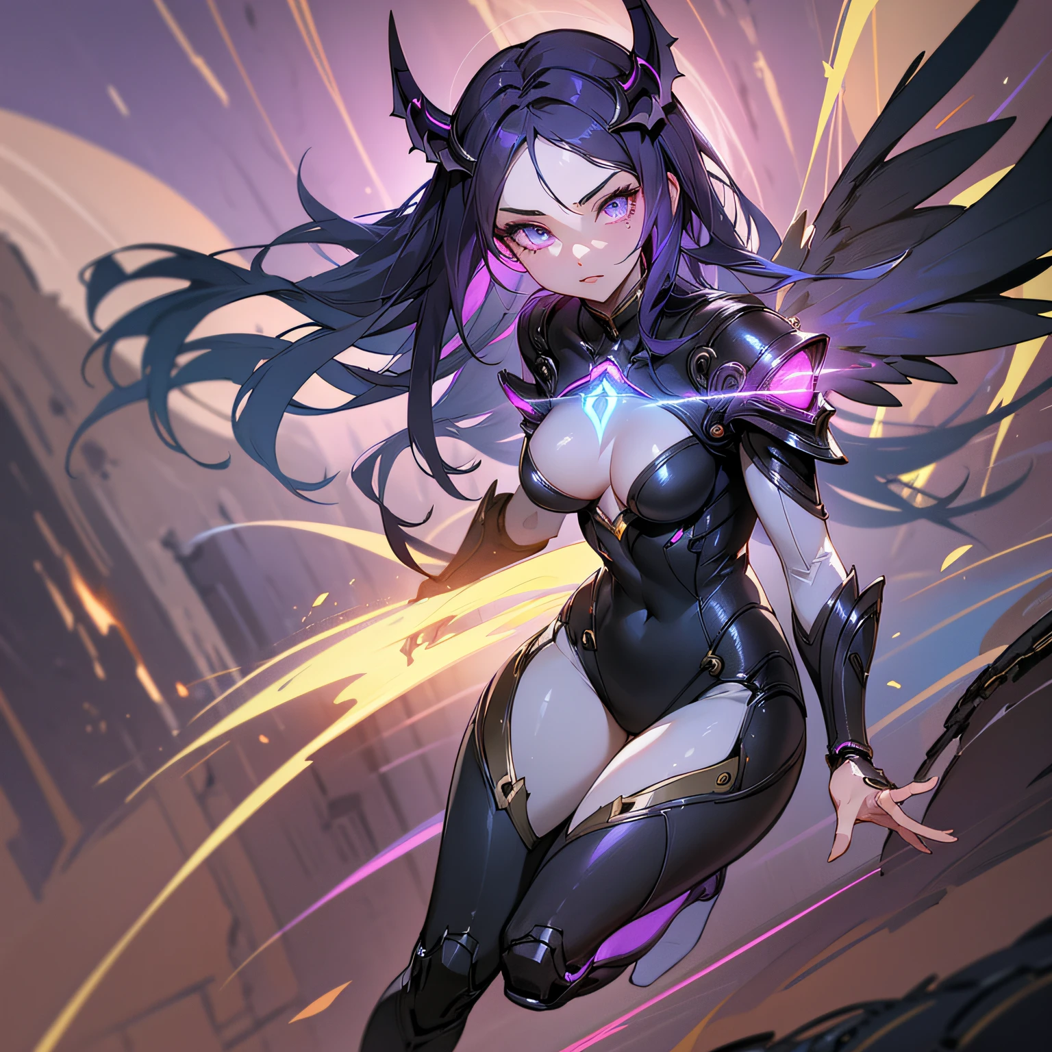 (((Masterpiece))), unique art, super detailed, 1girl, pink bodysuit, ((super cute face)), ((angelic face)), kawaii wings, ((incredibly beautiful eyes)), (glowing eyes), (full body), (multicolored hair), (high ponytail), (delicate and perfect hands), (perfect anatomy), super delicate and sexy body, sexy pose, ((ulzzang)), (super thin face), delicate features, ultra detailed, best quality, cinematic lighting, Captivating beauty, sexy look, bottom of hearts --auto