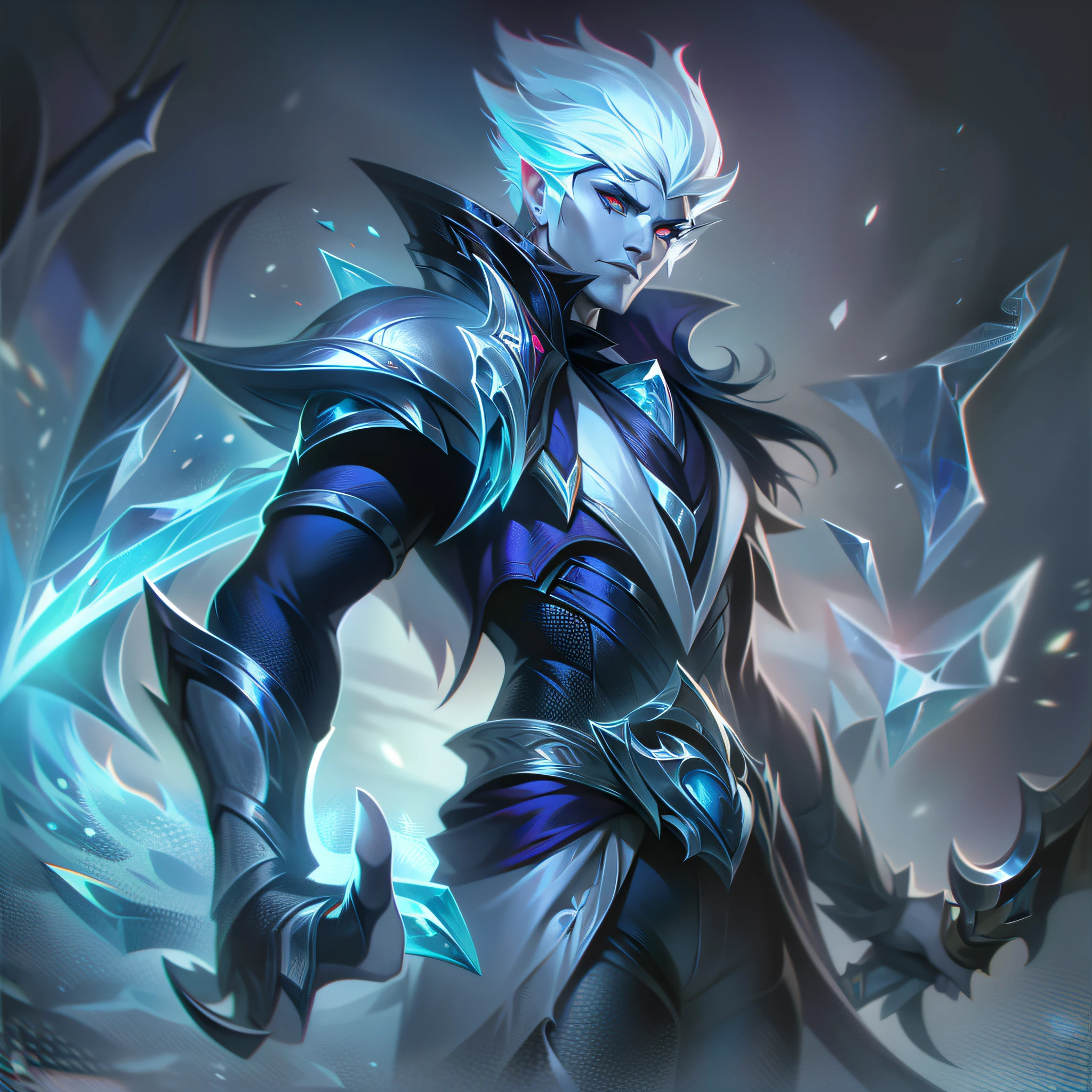 A man with pale skin and blue hair logos with an ice sword + fundo de gelo splashart, splashart, splashart de League of Legends, arte, pincelada, obra-prima, 8k, ultra detalhado, HD