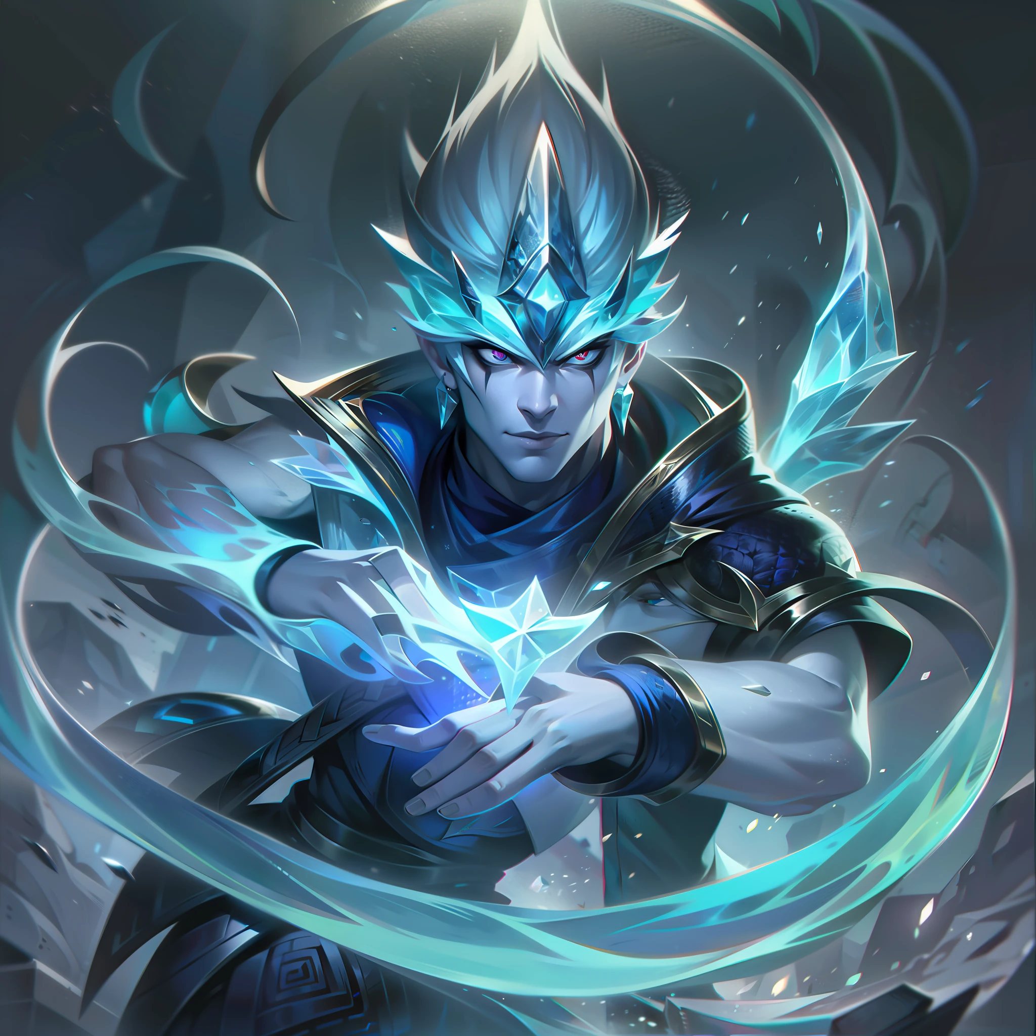 A man with pale skin and blue hair logos with an ice sword + fundo de gelo splashart, splashart, Splashart de League of Legends, arte, Pincelada, obra-prima, 8k, Ultra Detalhado, disco Rigid