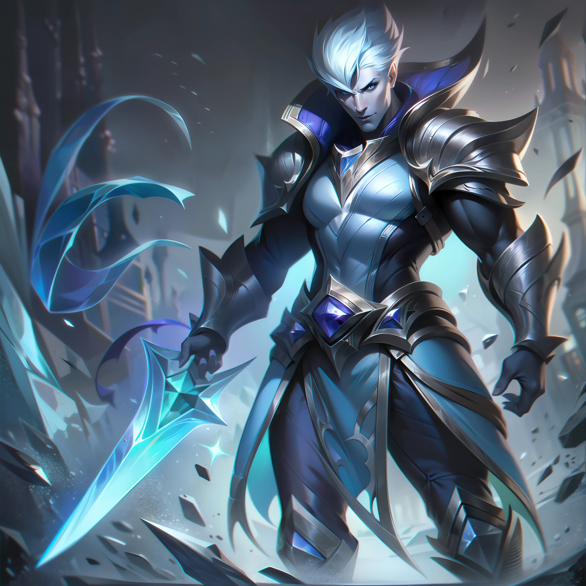 A man with pale skin and blue hair logos with an ice sword + fundo de gelo splashart, splashart, splashart de League of Legends, arte, pincelada, obra-prima, 8k, ultra detalhado, HD