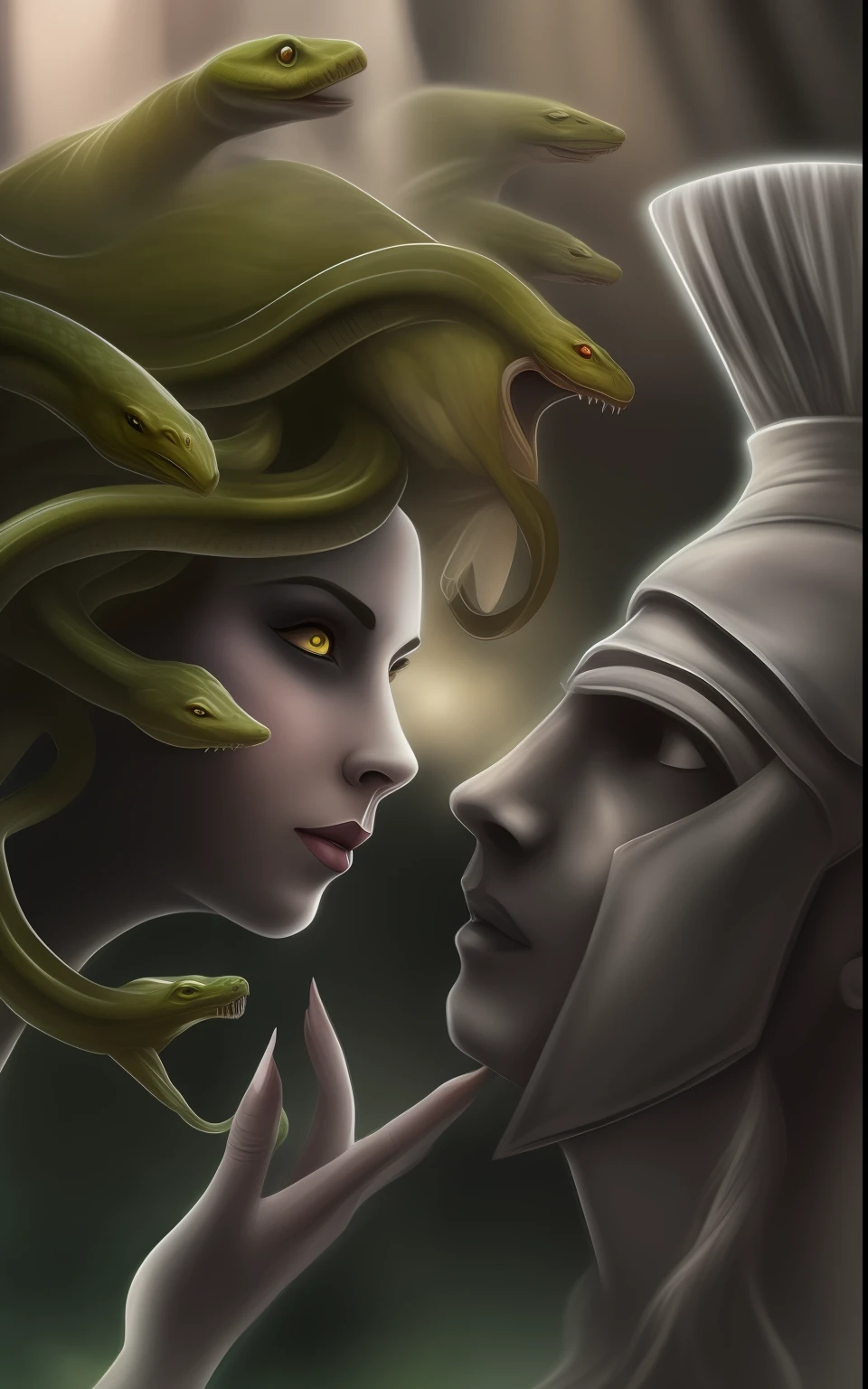 a painting of a woman with a helmet and a snake on her head, Mito grego pintura digital, Mito das trevas grego, Mitologia, beautiful female gorgon, Rainha das Cobras, Gorgon, medusa feroz, pintura de retrato medusa, godess do mal, medusa, Snake woman hybrid, Rainha escura das cobras, Como guerreiros reptilianos atlantes --auto