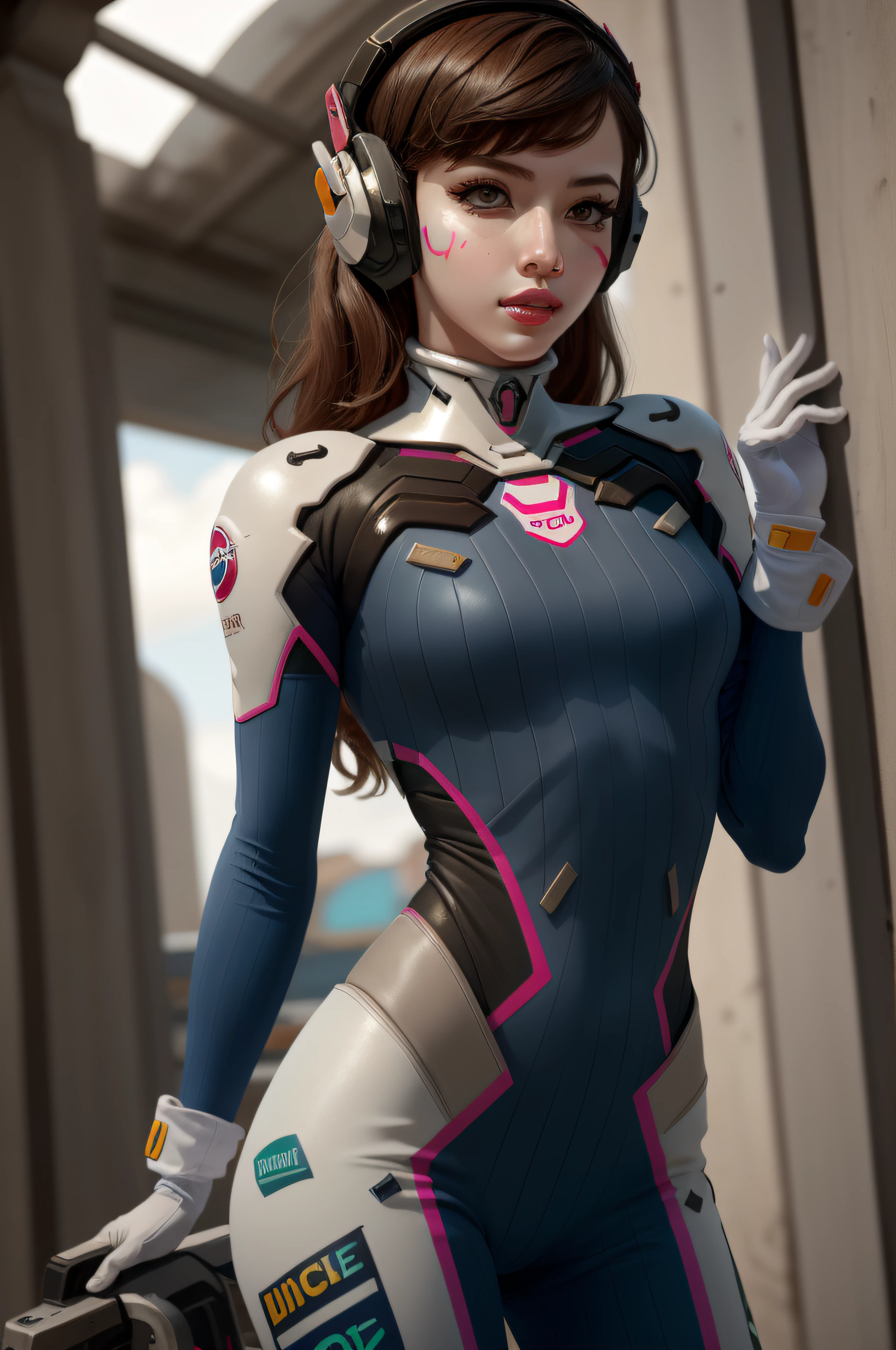 (masterpiece, best quality),  intricate details,
1girl,   1girl, d.va (overwatch), solo, long hair, whisker markings, bodysuit, brown hair, facial mark, gloves, breasts, brown eyes, pilot suit, cowboy shot, headphones, white gloves, medium breasts, swept bangs, skin tight, animal print, bangs, bunny print, ribbed bodysuit, facepaint, pink lips,