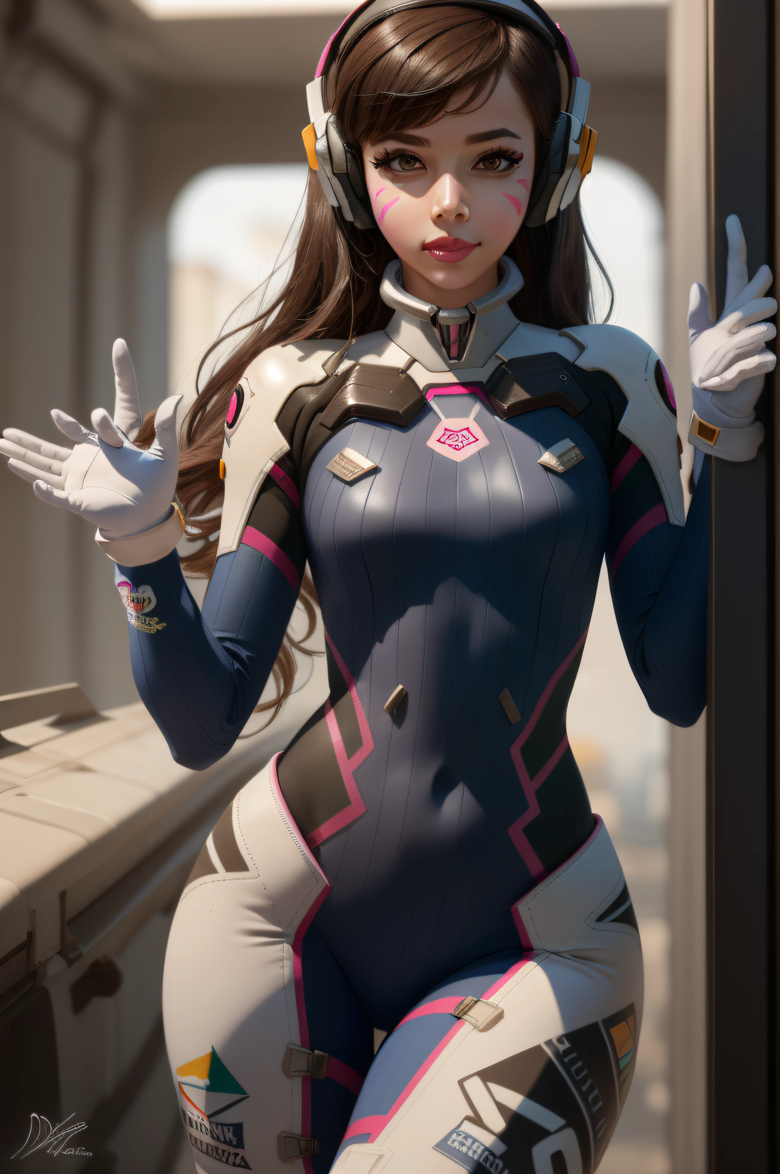 (masterpiece, best quality),  intricate details,
1girl,   1girl, d.va (overwatch), solo, long hair, whisker markings, bodysuit, brown hair, facial mark, gloves, breasts, brown eyes, pilot suit, cowboy shot, headphones, white gloves, medium breasts, swept bangs, skin tight, animal print, bangs, bunny print, ribbed bodysuit, facepaint, pink lips,