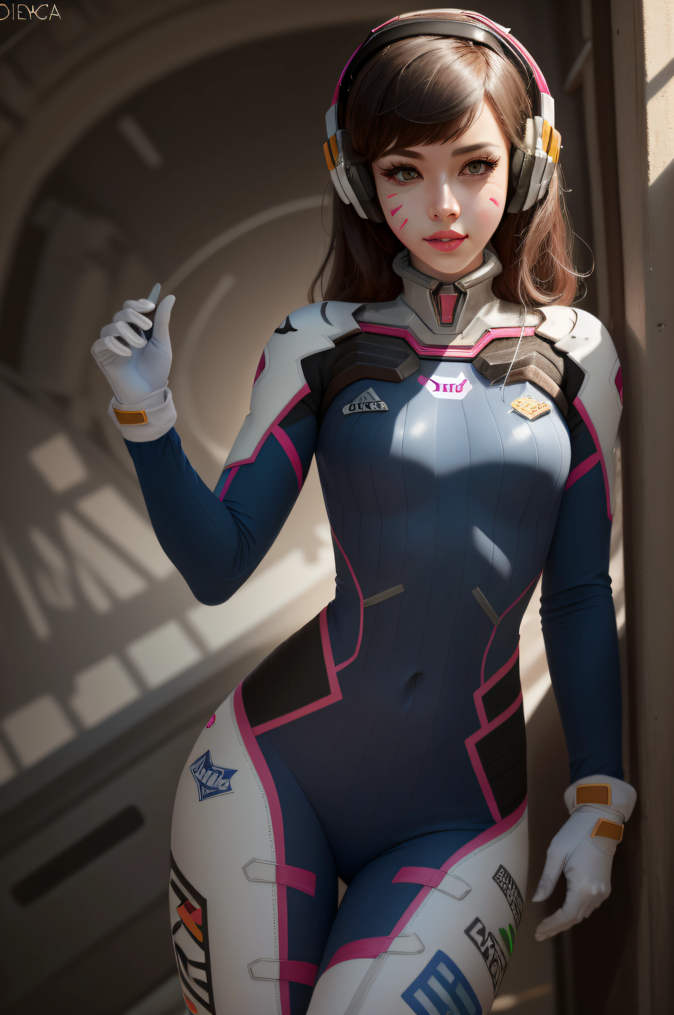 (masterpiece, best quality),  intricate details,
1girl,   1girl, d.va (overwatch), solo, long hair, whisker markings, bodysuit, brown hair, facial mark, gloves, breasts, brown eyes, pilot suit, cowboy shot, headphones, white gloves, medium breasts, swept bangs, skin tight, animal print, bangs, bunny print, ribbed bodysuit, facepaint, pink lips,