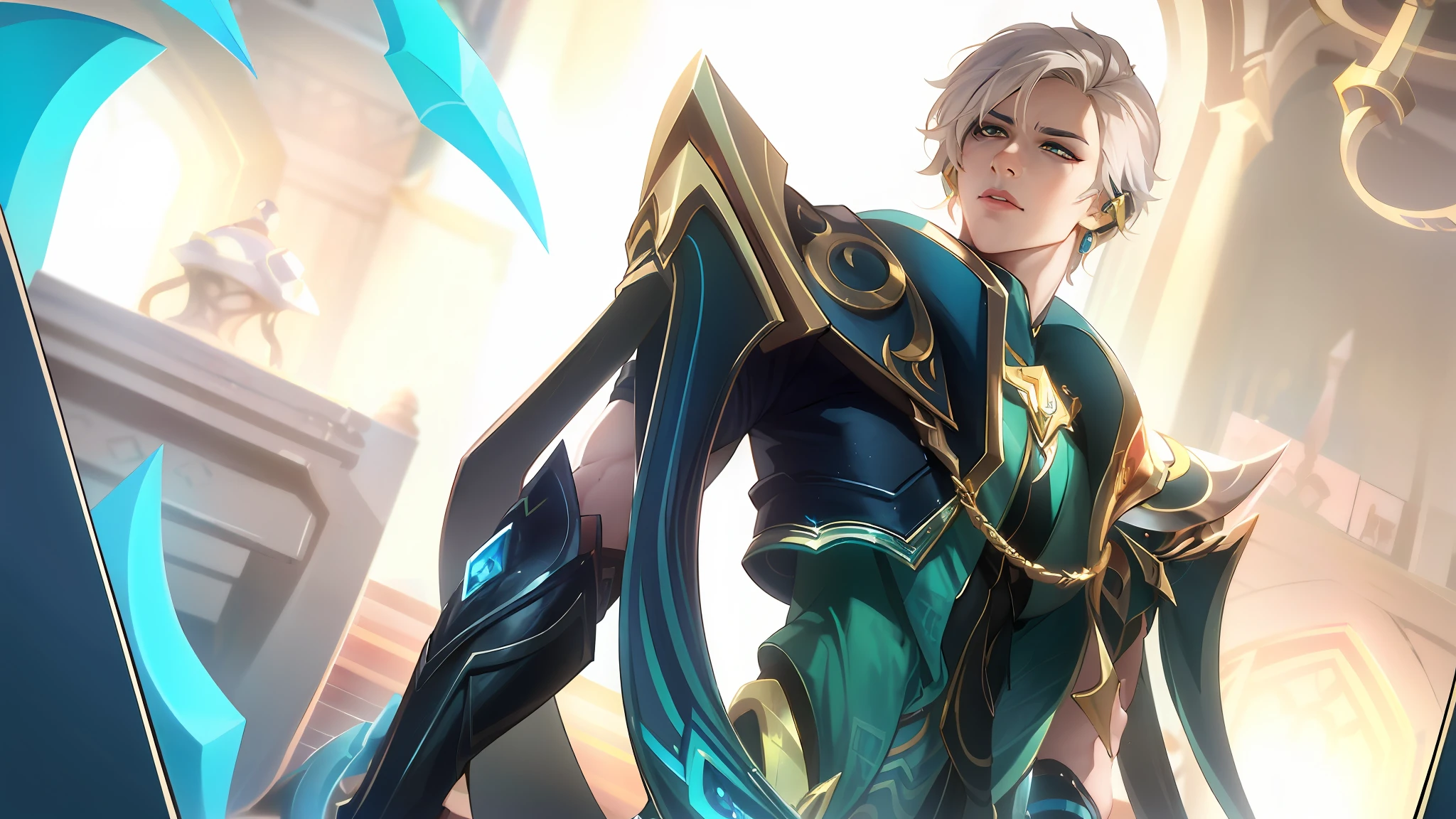 a close up of a woman in a blue and green outfit holding a sword, kda, heise jinyao, arcane jayce, ezreal (league of legends, sylas, riven, ashe, league of legends character, amazing portrait of viego, inspired by Huang Shen, qiyana, tane skin, crystalline skin, inspired by Shen Zhou