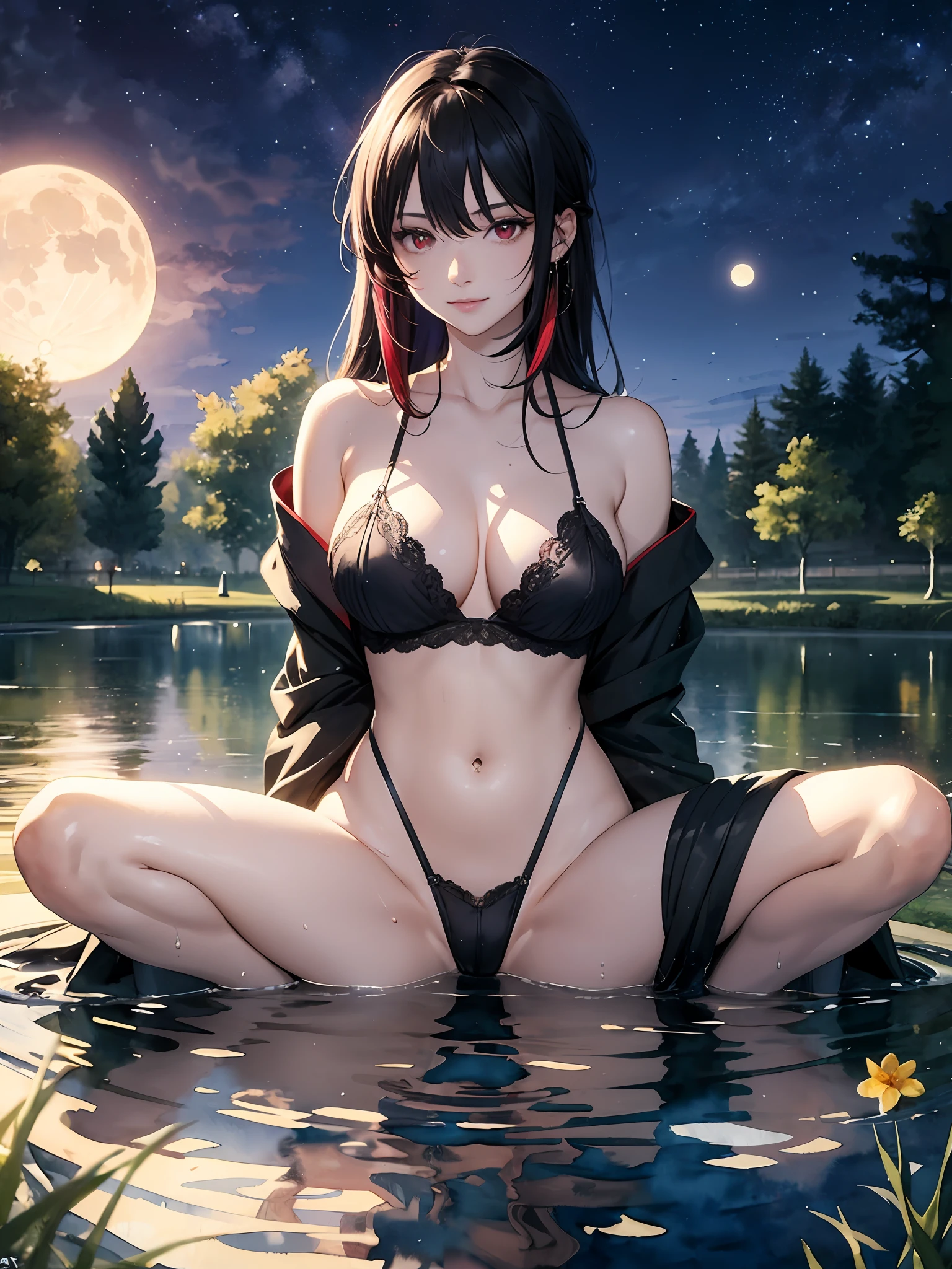 extremely detailed body,girl,woman,female,mature,30 years old,long hair,bangs,streaked hair,black hair,shiny hair,beautiful detailed cold face,cold smile,bright pupils,bare_shoulders,medium_breasts,(red eyes),hair_flower, kimono,((no underwear)),Lots of piercings,((spread legs)),night,(pond),Grass is growing in the foreground,beautiful detailed sky,moon,cold light, bokeh,(((Watercolor Techniques))),wet,Unreal Engine,digital art,extremely detailed CG unity 8k wallpaper,