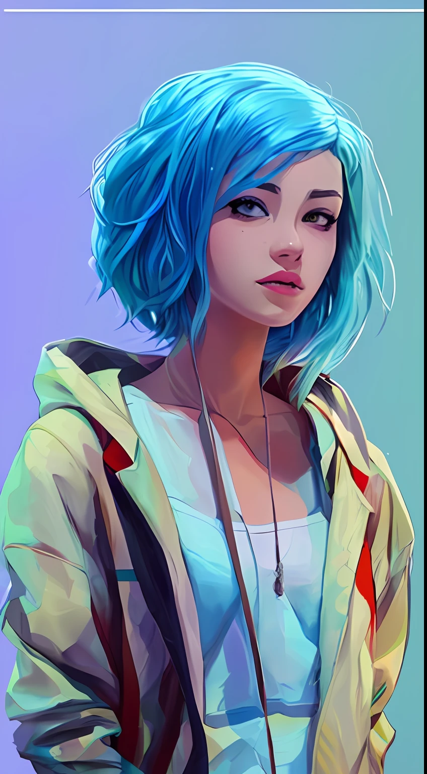 An anime woman with blue hair and a hoodie is standing in front of a light blue background, Estilo Ross Tran, inspirado em Ross Tran, Beeple e Jeremias Ketner, No estilo de Ross Tran, Arte digital Ilya Kuvshinov, Arte no estilo de Guweiz, Directed by: Ross Tran, menina com cabelo azul, rossdraw desenho animado vibranteu, garota com cabelo azul e olhos amarelos estilo Oshi no Ko
