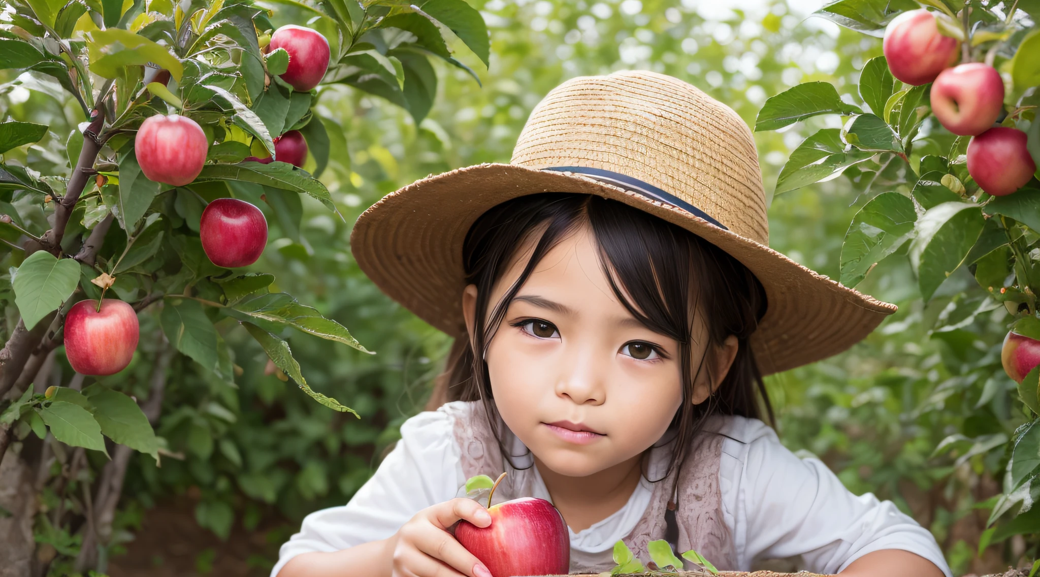 FAZENDA COM CELEIRO, cavalo, GIRLS CHILDREN 12 YEARS OLD, PICKING APPLES WITH A FARMER'S HAT, LOIRAS COM CABELO LISO, TRIGO, ROLOS DE FENO, SOL AO FUNDO DA FAZENDA.