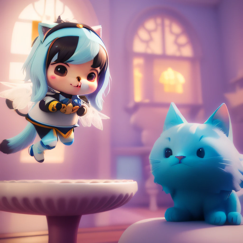 there is a blue cat and a blue cat in a room, foto comercial do brinquedo, bonito 3 d render, kawaii hq render, fofo! c4d, medium shot of two characters, stylized as a 3d render, a still of an ethereal, estilo fantasia 8 k octane render, 3 d stylize scene, animation style render, 3d rendering stylized
