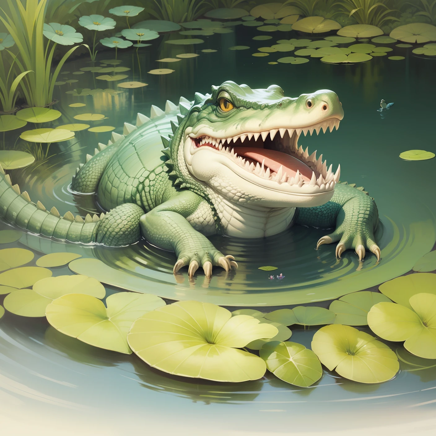 A painting of an alligator in the pond. Beatrix Potter, classic illustration, inspired by Beatrix Potter, classic illustration by Beatrix Potter --auto