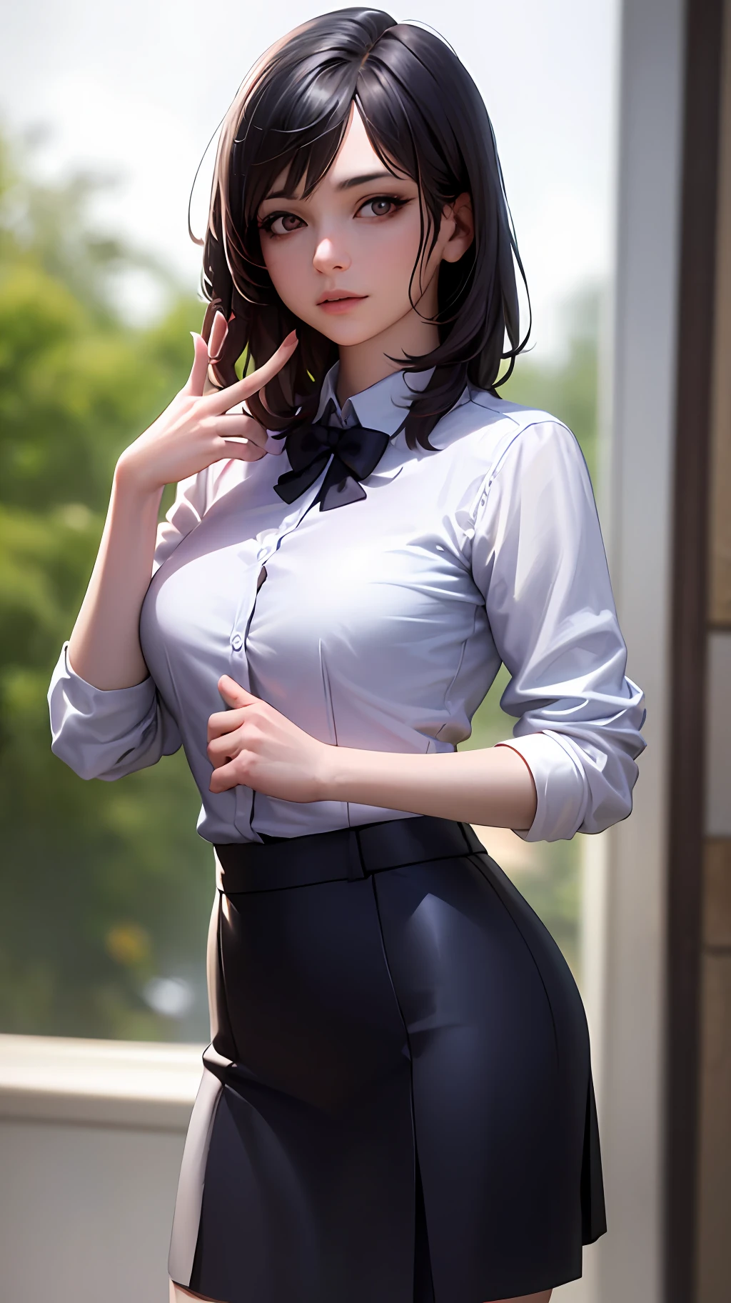 best quality, masterpiece, 1girl, Beautiful face, (photo realistic:1.3), rim lighting, (high detailed skin:1.2), 8k uhd, dslr, high quality, high resolution, 4k, 8k, Bokeh,  absurdres, best ratio four finger and one thumb, (realistic:1.3), cute 1girl, wearing black formal blazer, medium breasts, short skirt,
