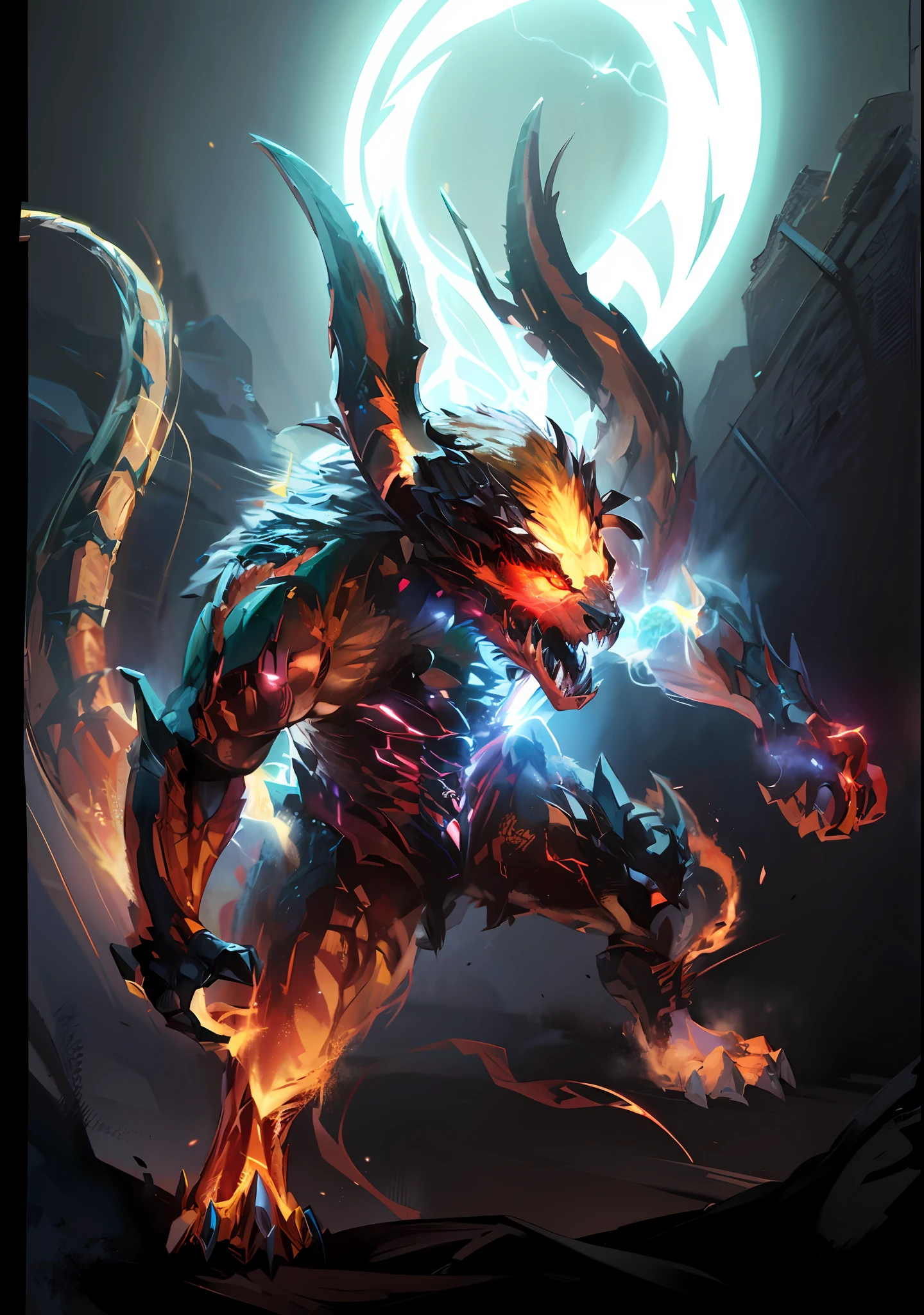 A lightning demon radiating electricity, roaring, zinogre, ifrit, manticore, horns, tail, fur,