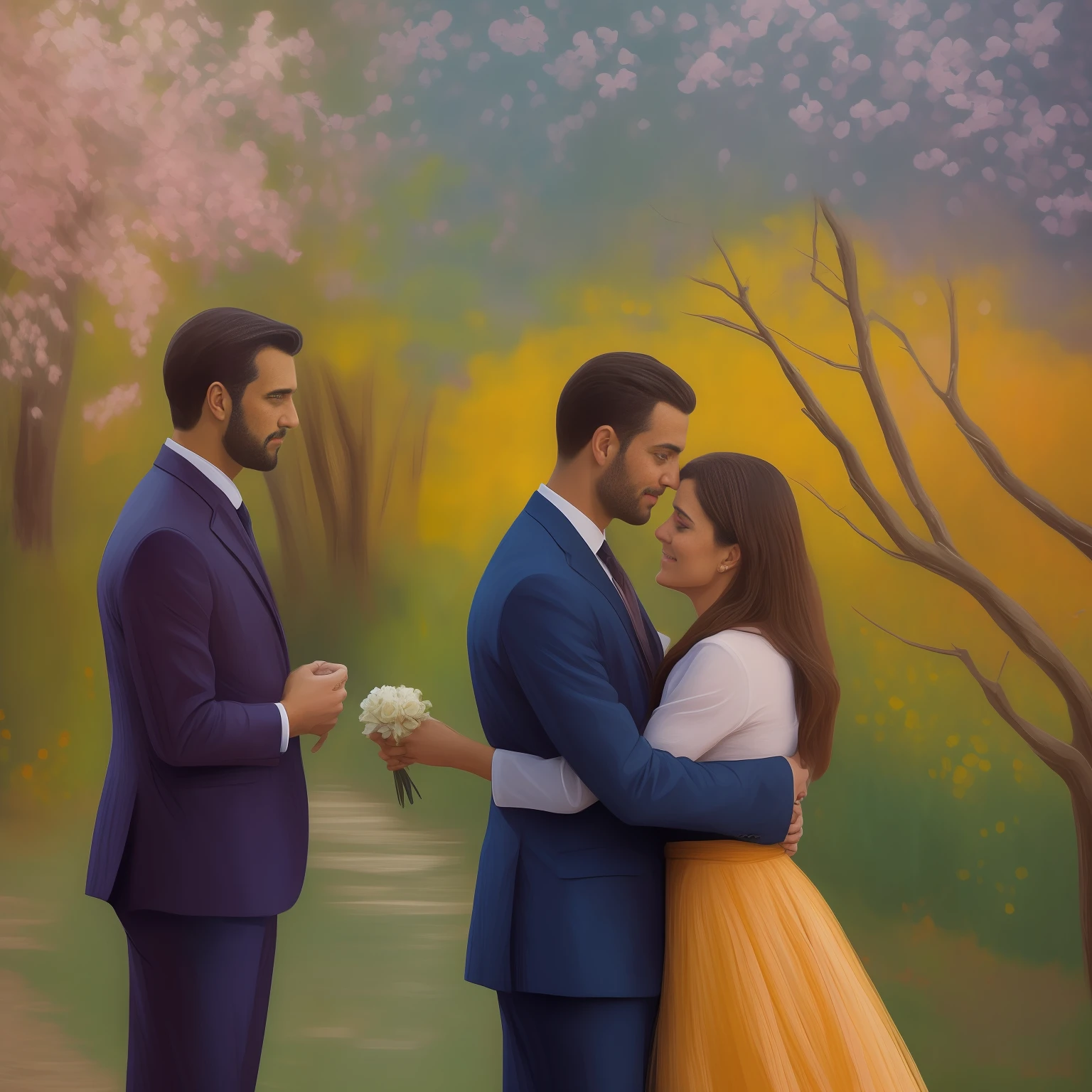 Tinta para mim: a man is hugging his wife and ther man from afar is watching the couple. Estilo: "impressionismo". Pinte em 8K com vibrante, cores bem definidas. Paint in such a way that characters are easily recognizable and reveal the perfection of the characters' facial expressions.
