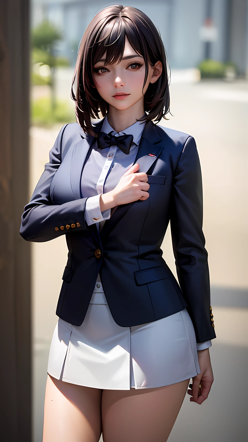 best quality, masterpiece, 1girl, Beautiful face, (photo realistic:1.3), rim lighting, (high detailed skin:1.2), 8k uhd, dslr, high quality, high resolution, 4k, 8k, Bokeh,  absurdres, best ratio four finger and one thumb, (realistic:1.3), cute 1girl, wearing black formal blazer, medium breasts, short skirt,