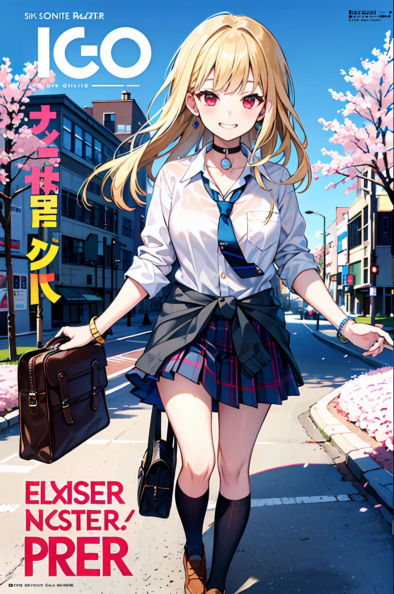 masterpiece, best quality, full body, 1girl, bangs, black choker, black necktie, blonde hair, blue skirt, blush, bracelet, breasts, choker, clothes around waist, collarbone, collared shirt, cowboy shot, dress shirt, ear piercing, eyebrows visible through hair, gradient hair, grin, gyaru, jewelry, kogal, long hair, looking at viewer, loose necktie, necktie, piercing, plaid, plaid skirt, pleated skirt, red eyes, ring, school uniform, shirt, skirt, smile, solo, white shirt, street, sky, cherry blossoms, petals,illustration, (magazine:1.3), (cover-style:1.3), fashionable, woman, vibrant, outfit, posing, front, colorful, dynamic, background, elements, confident, expression, holding, statement, accessory, majestic, coiled, around, touch, scene, text, cover, bold, attention-grabbing, title, stylish, font, catchy, headline, larger, striking, modern, trendy, focus, fashion,
