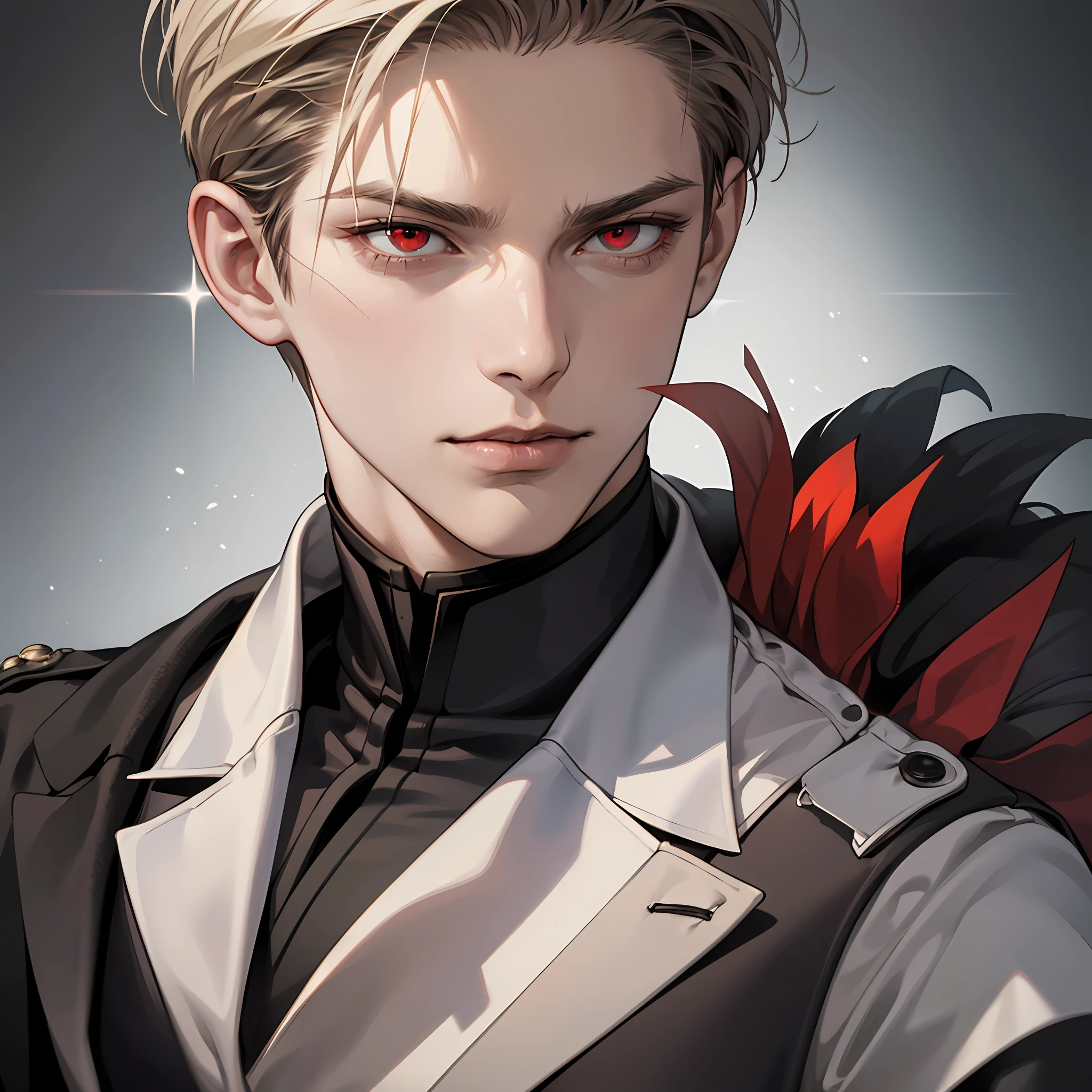 (masterpiece),best quality,ultra-detailed,hyper-realistic portrait of "Johan Liebert", the infamous antagonist from anime "Monster", at the peak of his manipulation, intellect, and cruelty, in dark and ominous lighting, with red eyes piercing through, and a subtle smirk on his face, encapsulating both the danger and allure of his character. --auto