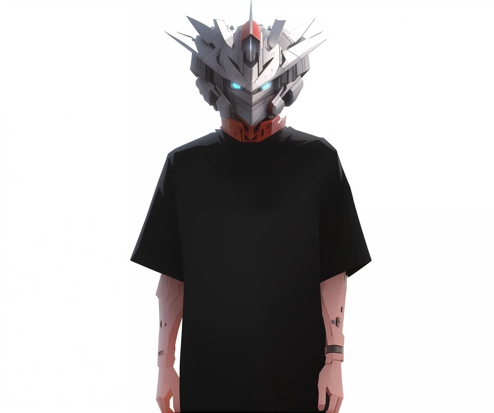 (ultra-detailed CG anime illustration),(extremely detailed),mechanical figure design, GUNDAM HEAD robothead, arafed man, bulky armor,titanium plates, glowing red eyes, metallic shine,visceral details, harsh shadows,mecha battle, intense action, high contrast,chromatic aberration.