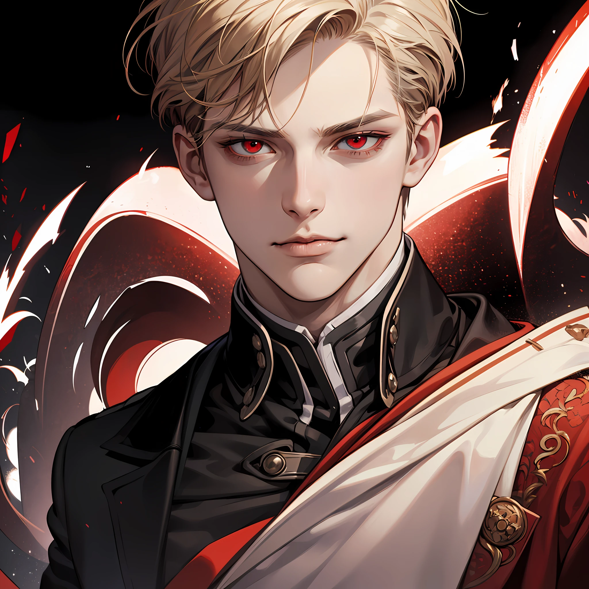 (masterpiece),best quality,ultra-detailed,hyper-realistic portrait of "Johan Liebert", the infamous antagonist from anime "Monster", at the peak of his manipulation, intellect, and cruelty, in dark and ominous lighting, with red eyes piercing through, and a subtle smirk on his face, encapsulating both the danger and allure of his character. --auto