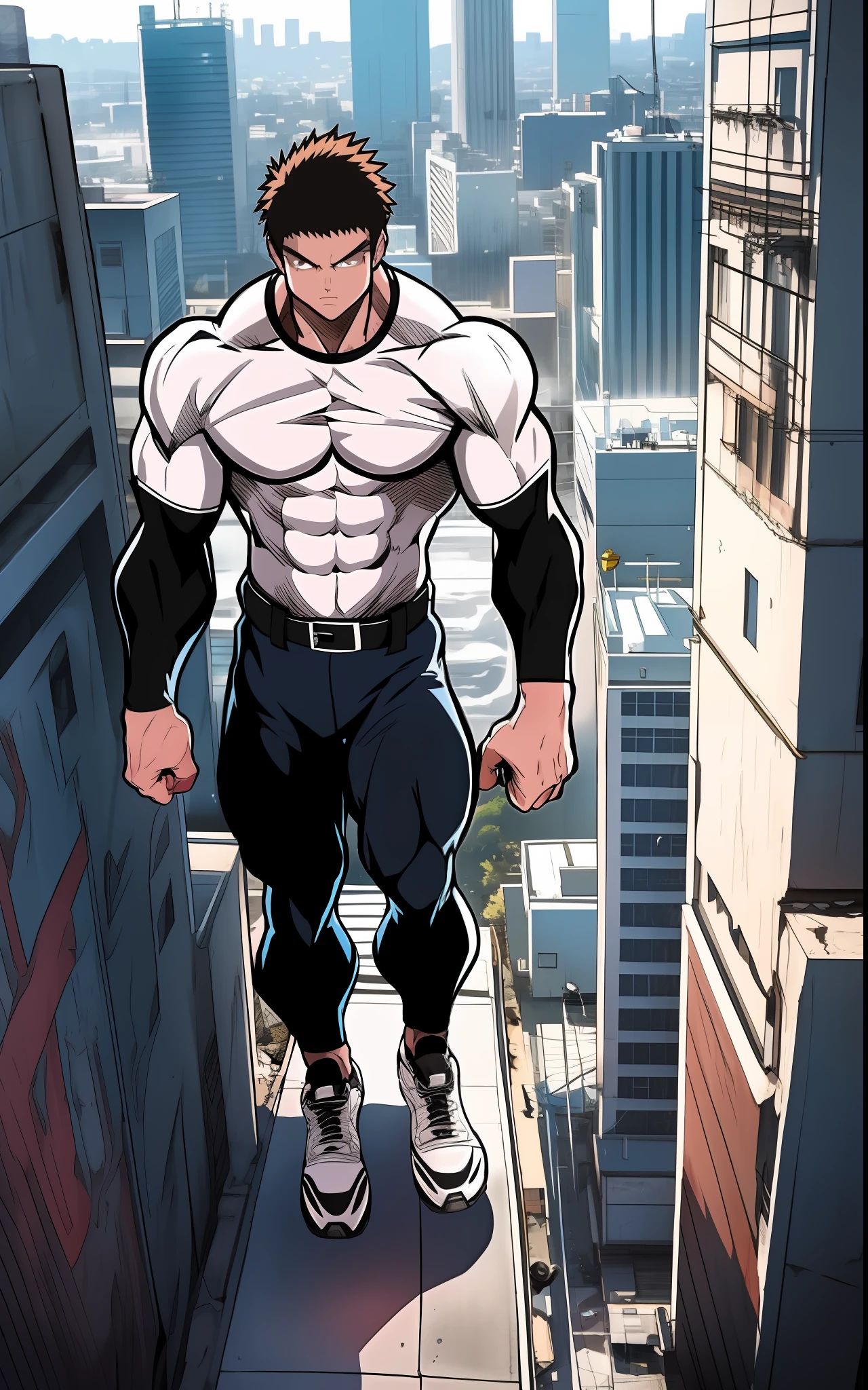 Generate anime-style art with a high-angle shot of a muscular male character with his body facing the camera, THE CHARACTER IS STANDING ON TOP OF A TALL BUILDING, The protagonist must have an extremely muscular body, very tall, similar to that of a bodybuilder. The character must have very short hair with dark brown bangs and must be wearing a red long sleeve T-shirt with black pants and a belt and must be wearing a white sneaker. The image should depict the character's entire body, focusing on his intimidating posture. The protagonist must exude strength and dominance, displaying a powerful presence. The scene should feature only the muscular character, THE CHARACTER SHOULD BE ON TOP OF A BUILDING SHOWING A LARGE CITY BELOW HIM