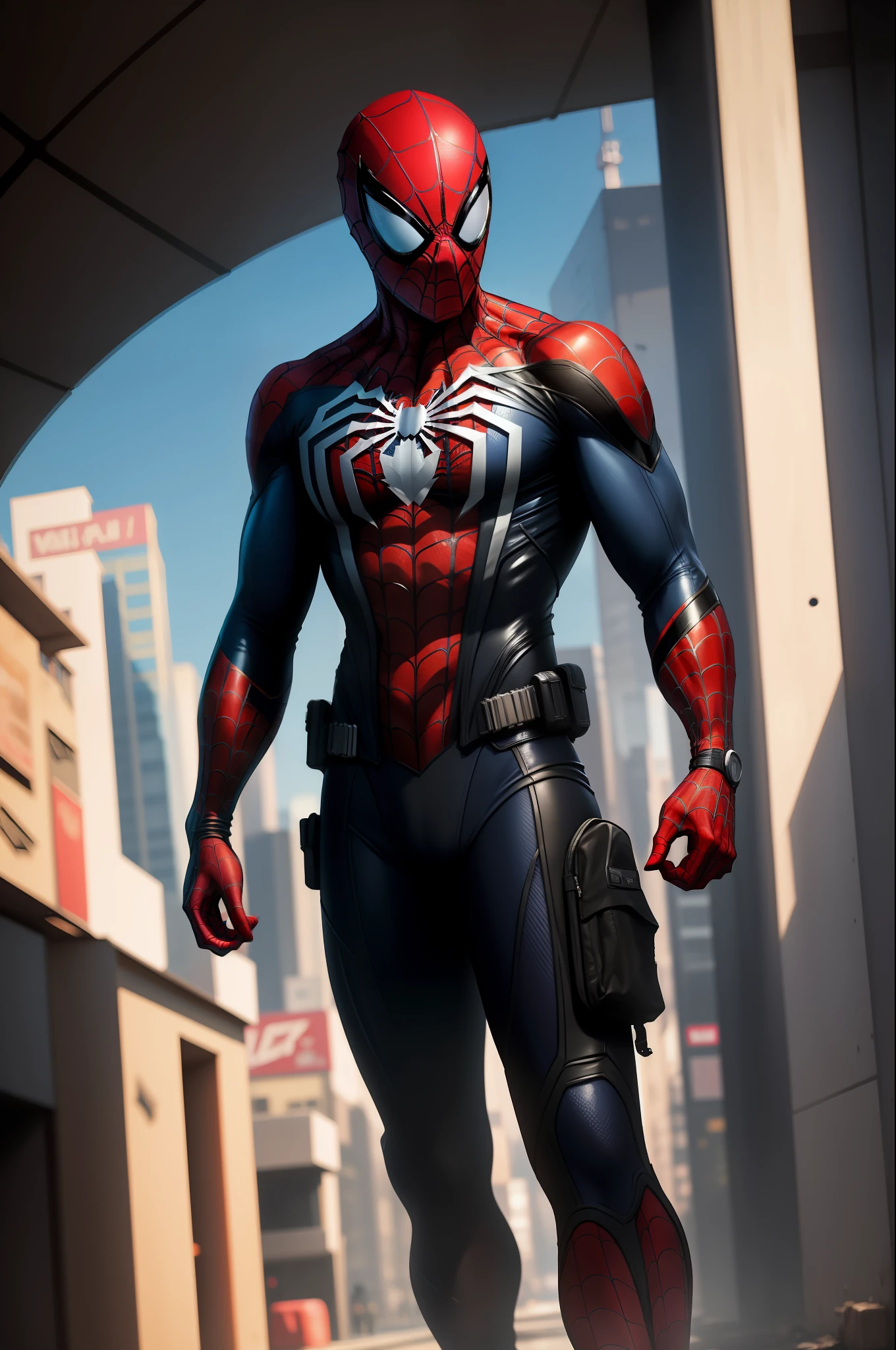 solo, obra-prima, melhor qualidade, Spider-Man medium shot,traje cor preto, maravilha, postura de luta, dinamic angle, cidade cyberpunk, 8k