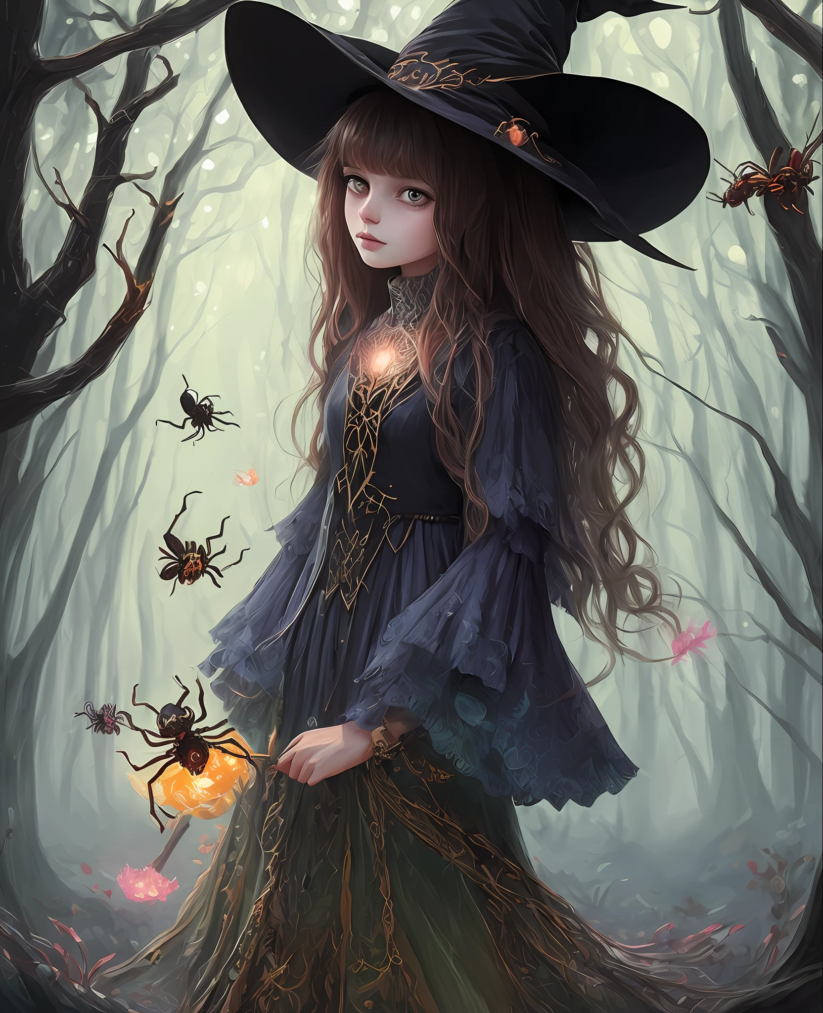 witch, 1girl, super cute spider with big bright eyes, digital painting, dreamlike, intricate details, sharp focus, trending on artstation, magical fairies in a dreamlike forest,