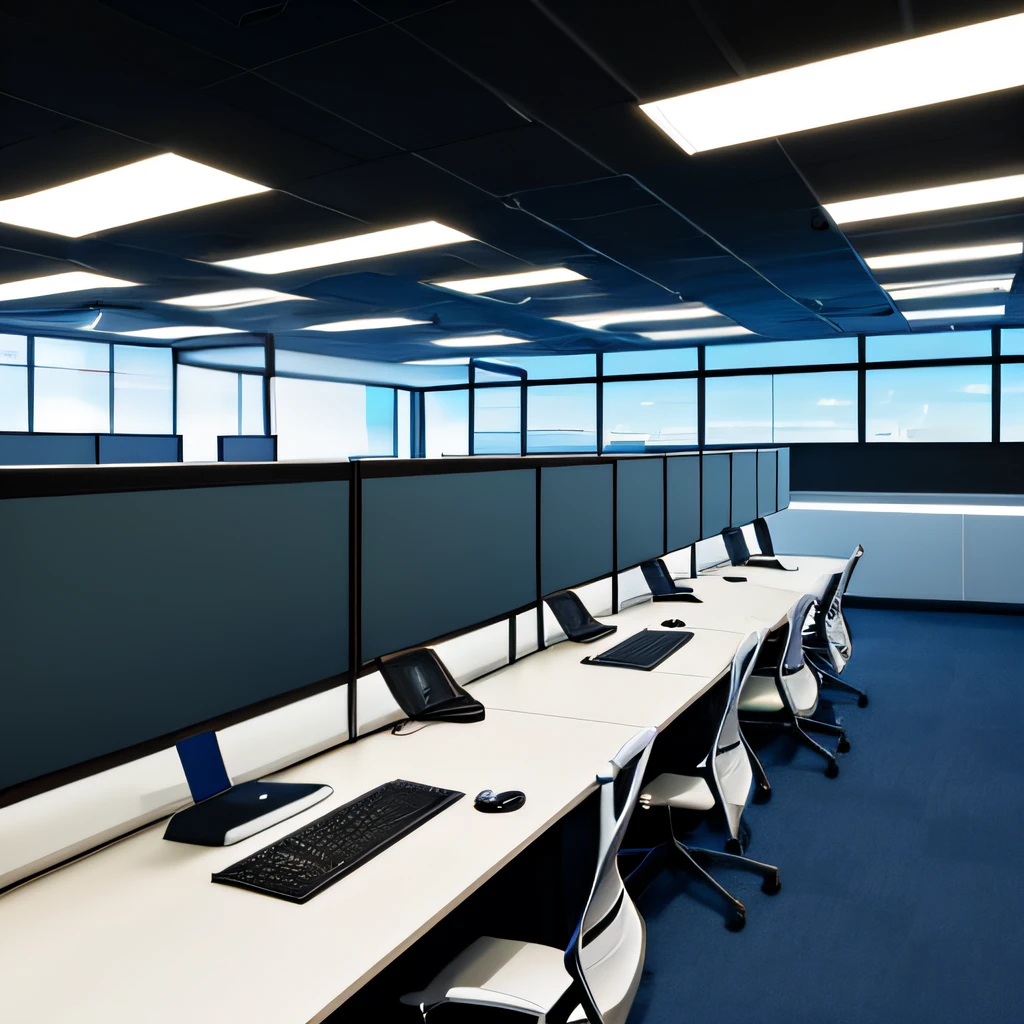 futuristic office, com computadores de alta performance, HD, RAYTRAYCING, lifelike lighting, lumen, nanites, high screens --auto