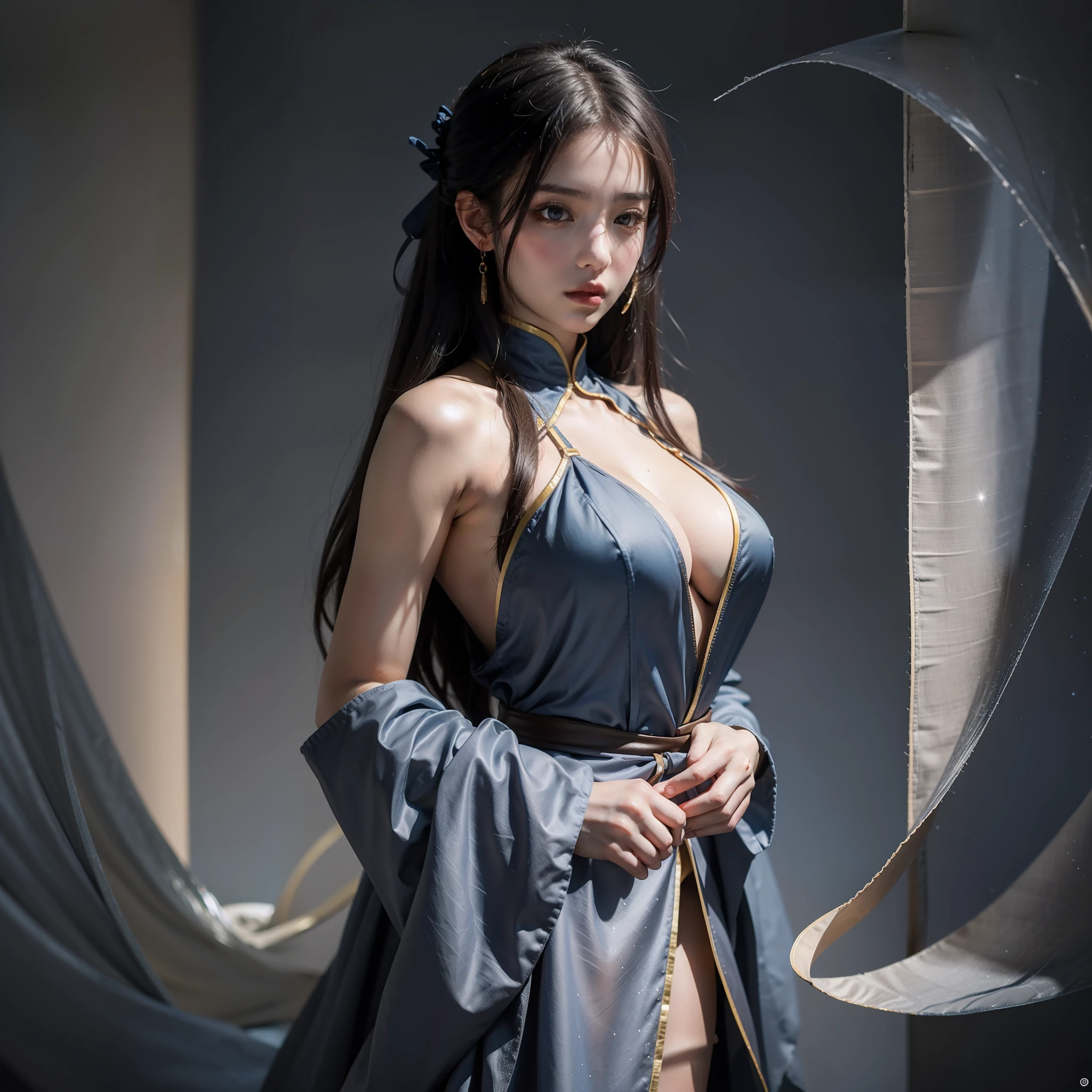 ((large breasts)),hyperrealistic,4k,35mm,fashion,photography,magazine photoshoot,ultra highly detailed, (abstract art:1.4), professional lighting, masterpiece, best quality, ultra high res, beautiful, visually stunning, (1girl:1.3), (dark blue theme:1.2), Light gray background, deep blue, cowboy shot,girl,wuxia,Chinese style,Hanfu,Tang Feng,red:1.9,skin,wearing dress,emma,shidudou