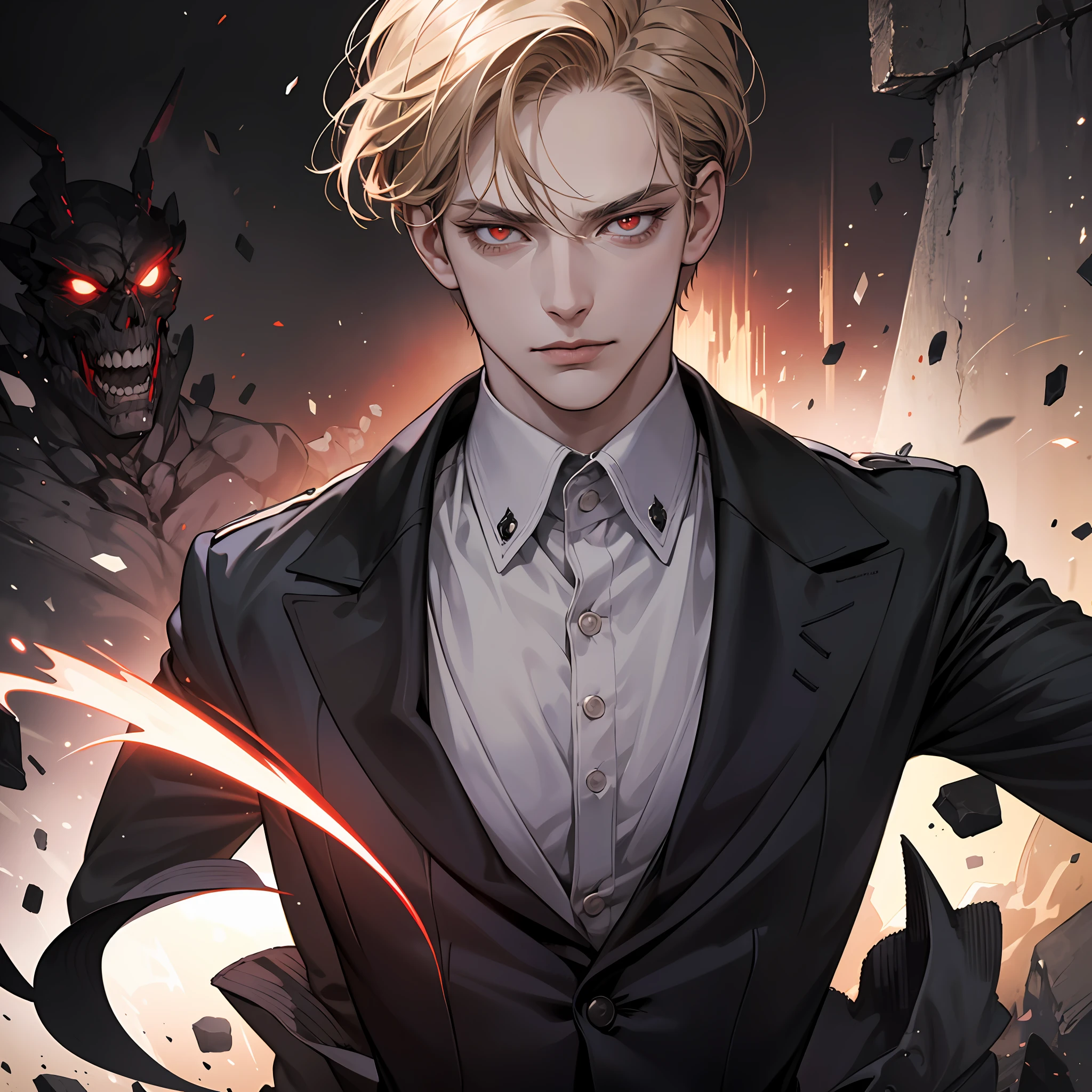 (masterpiece),best quality,ultra-detailed,hyper-realistic portrait of "Johan Liebert", the infamous antagonist from anime "Monster", at the peak of his manipulation, intellect, and cruelty, in dark and ominous lighting, with red eyes piercing through, and a subtle smirk on his face, encapsulating both the danger and allure of his character. --auto