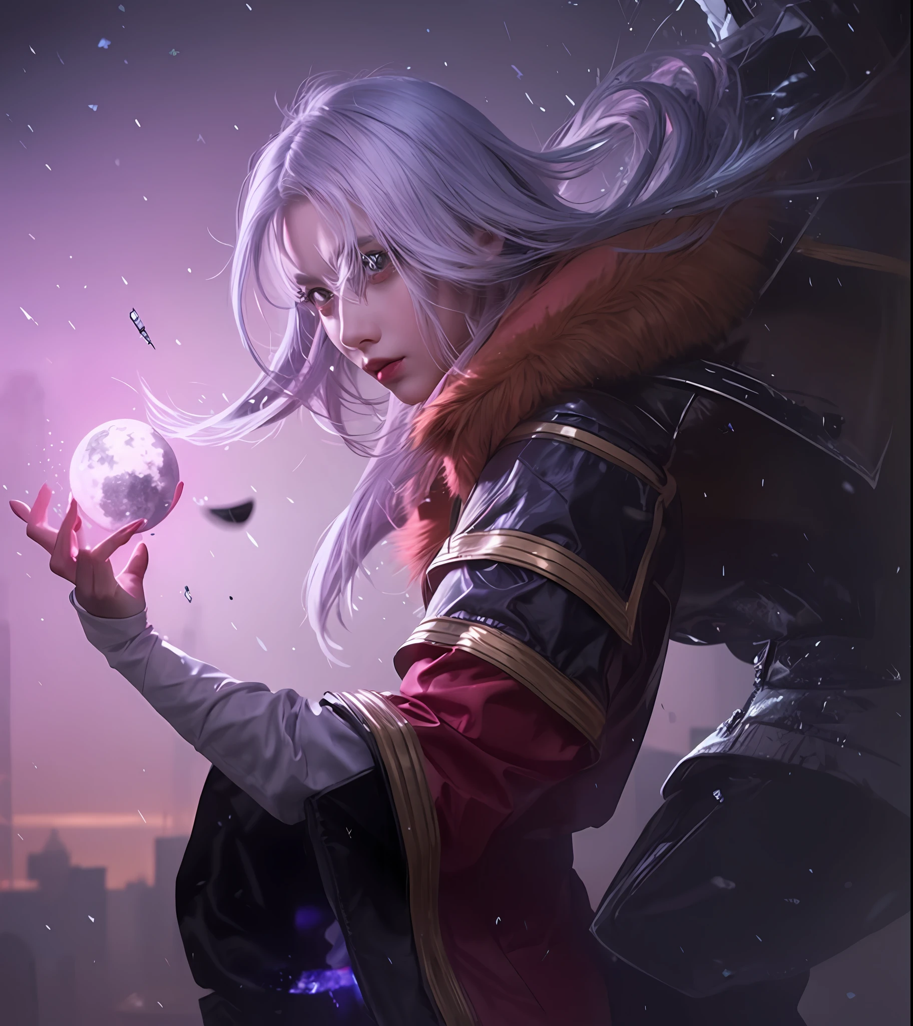 (Top Quality, 8k, Masterpiece, CG)lucy \(cyberpunk\), 1girl, hair scrunchie, hime cut, silver hair, colored tips, full moon, grey eyes, jacket, long sleeves, looking at viewer, super detailed face, medium hair, multicolored hair, bangs parted, lips apart, Pink hair, portrait, red eyeliner, red lips, solo, white jacket, cyberpunk (series), rainy night in neon-shimmering cyberpunk city