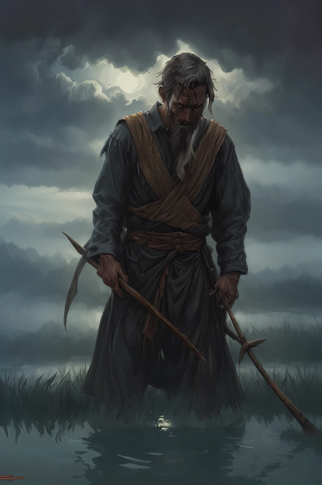 Drowned peasant (1male) in the lake, terrifying darkness, absolute nothingness, ultrarealistic, intricate details, eerie, highly detailed, photorealistic, art by artgerm and greg rutkowski, filipe pagliuso and justin gerard, highly detailed, realistic, intricate, by keith thompson and neil blevins, digital horror artwork