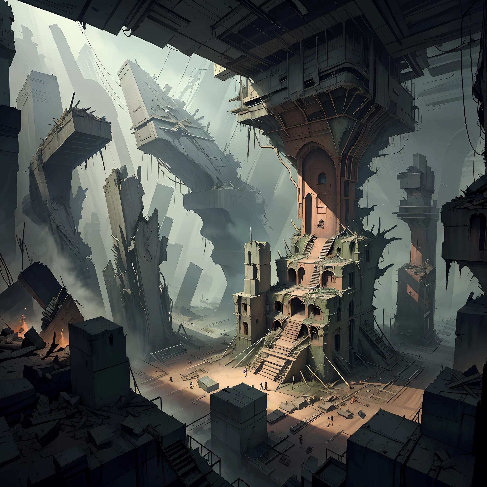 Vast angle, View from the top of the peak, best quality,(masterpiece:1.2), in Underground hangar a malfunctioning time machine sends rotten fragments back in time. Horror art, unreal engine, UHD, sketch color drawing . Illustration by Dan Seagrave