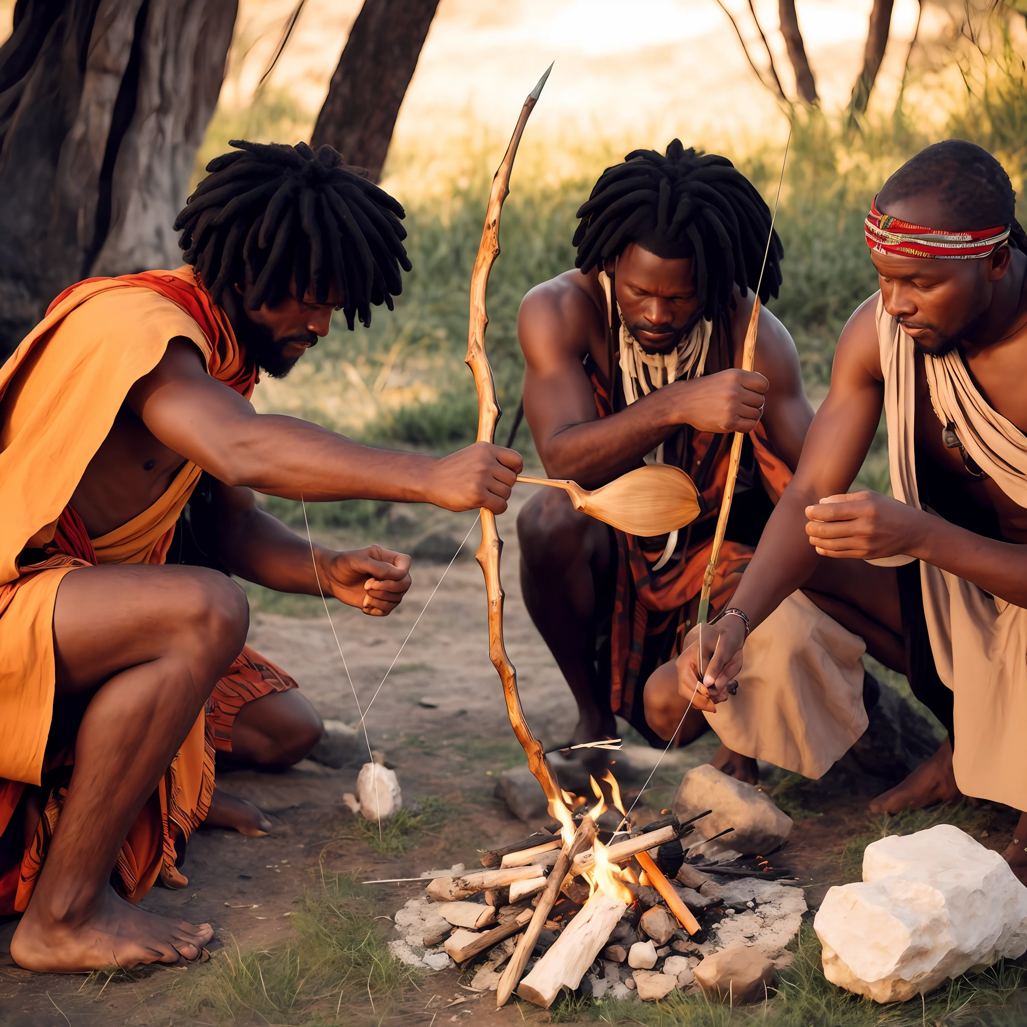 three men are sitting around a campfire with a bow and arrows, Himba, tribo antiga, membros da tribo atacando, Penteado Himba, aceso de fogo, editing, vestindo roupas de homem das cavernas, Pano Distante, pre - historic cave man family, traditional clothing, casting a fire spell, roupas tribais, Masai, africano, Guerreiro Maasai, Mitologia africana, historicamente preciso